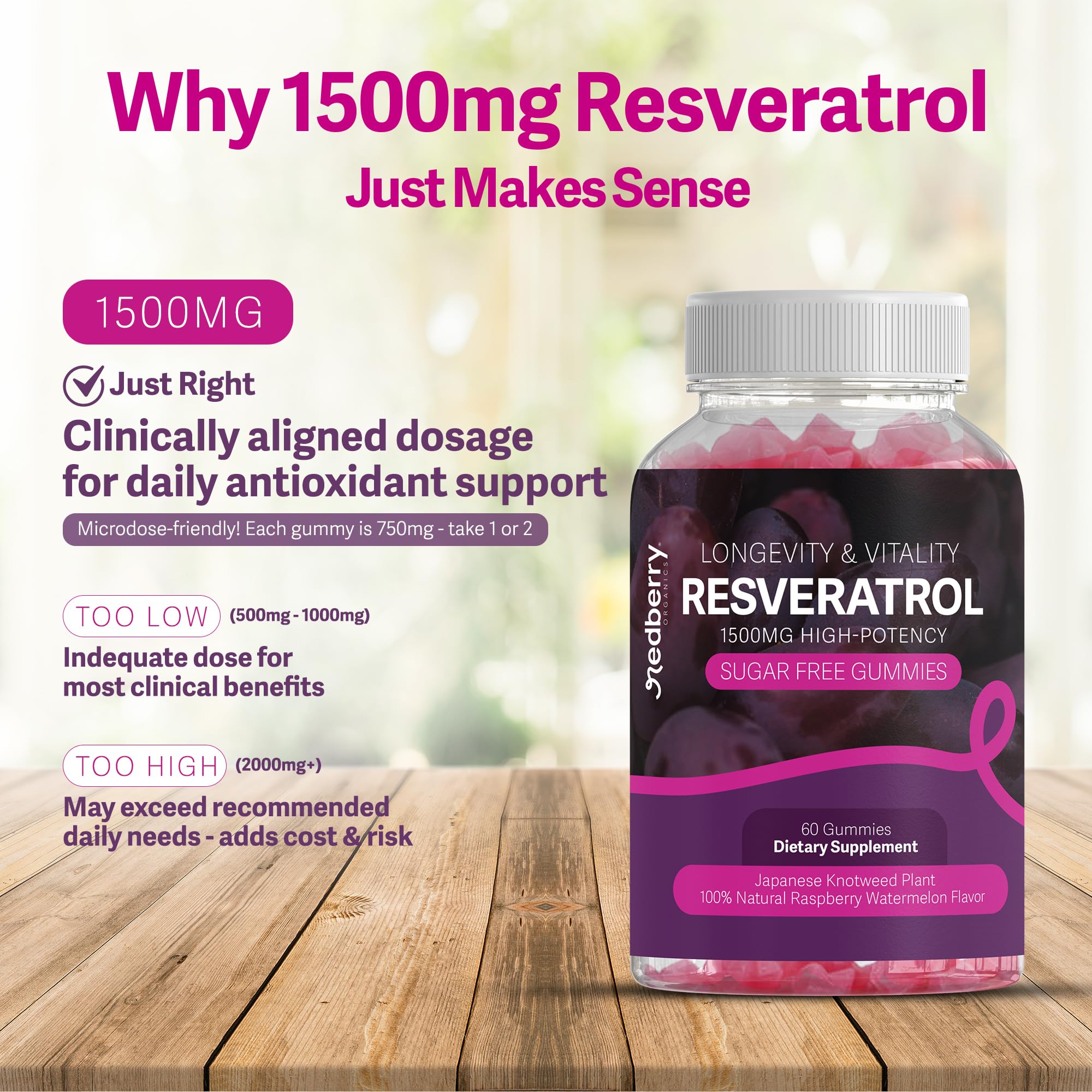 Redberry Organics Resveratrol Gummies 1500mg with ingredients list