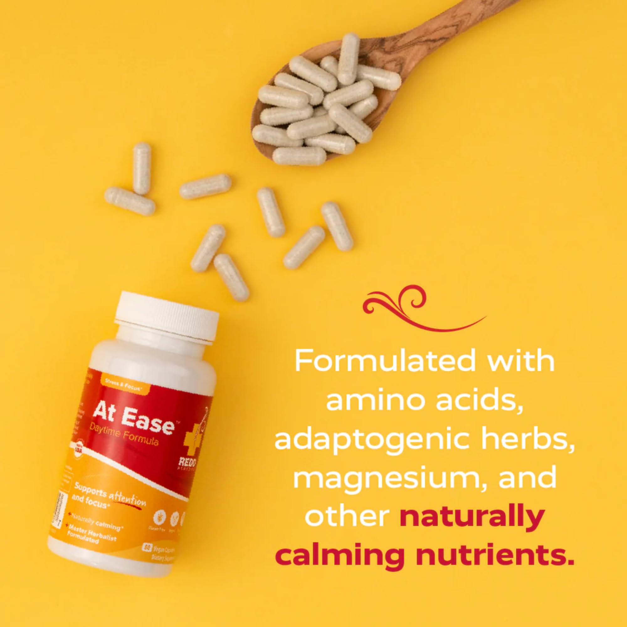 Redd Remedies At Ease 80 Vegan Capsules on a wooden table