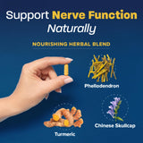 Redd Remedies Nerve Shield capsules on a wooden surface