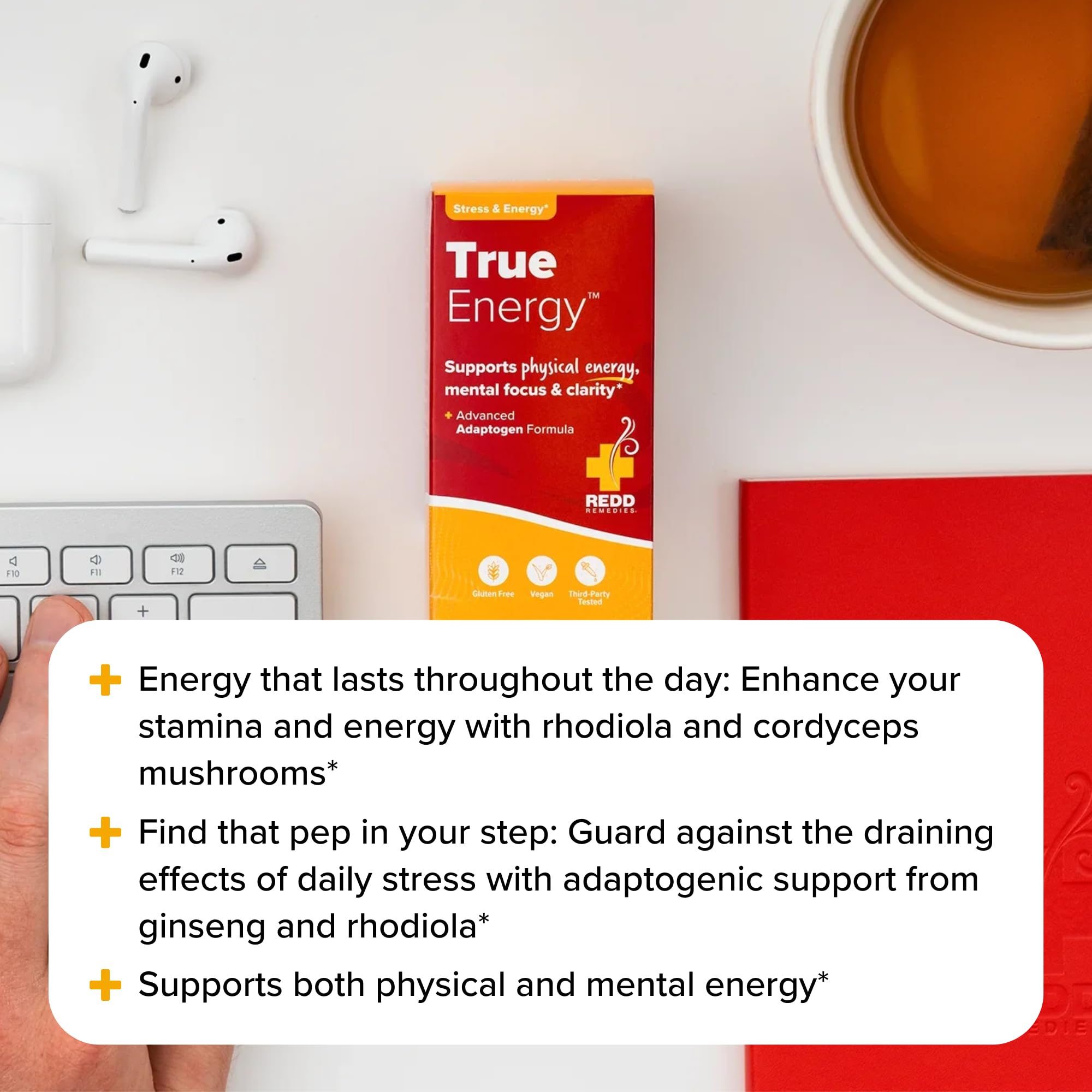 Redd Remedies trueENERGY supplement displayed with herbal ingredients