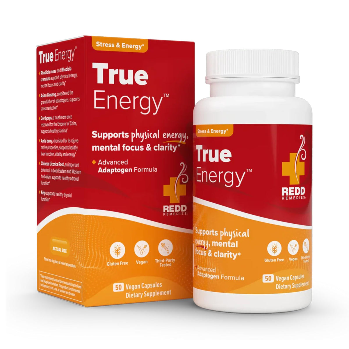 Redd Remedies trueENERGY supplement front view with packaging