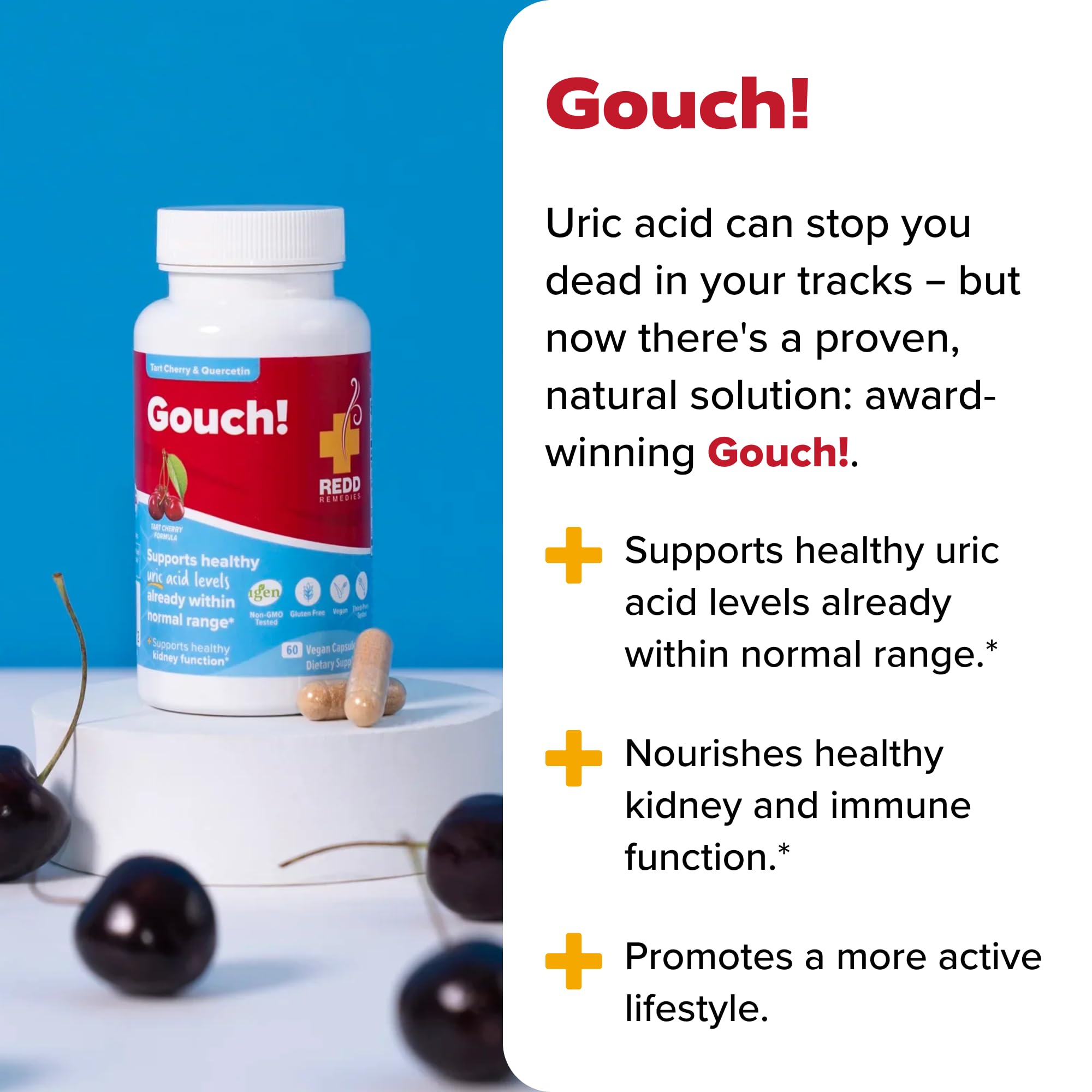 Redd Remedies Uric Acid Support Supplement with a measuring spoon