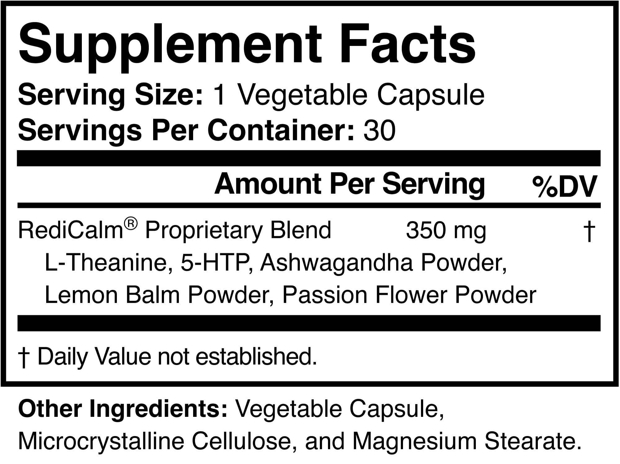 RediCalm ingredients list on the back of the bottle