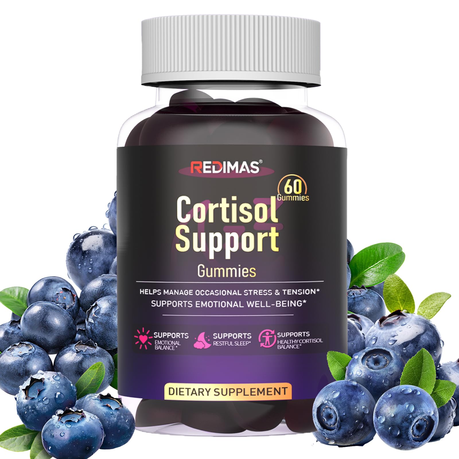 Redimas Cortisol Gummies 60 Count front view with packaging