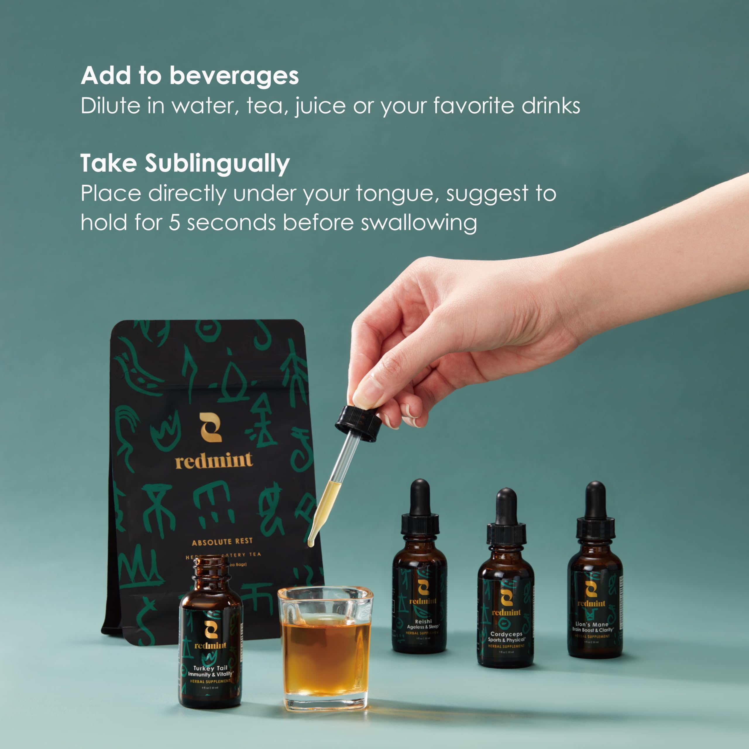 Redmint Reishi Mushroom Tincture in lifestyle setting on a wooden table