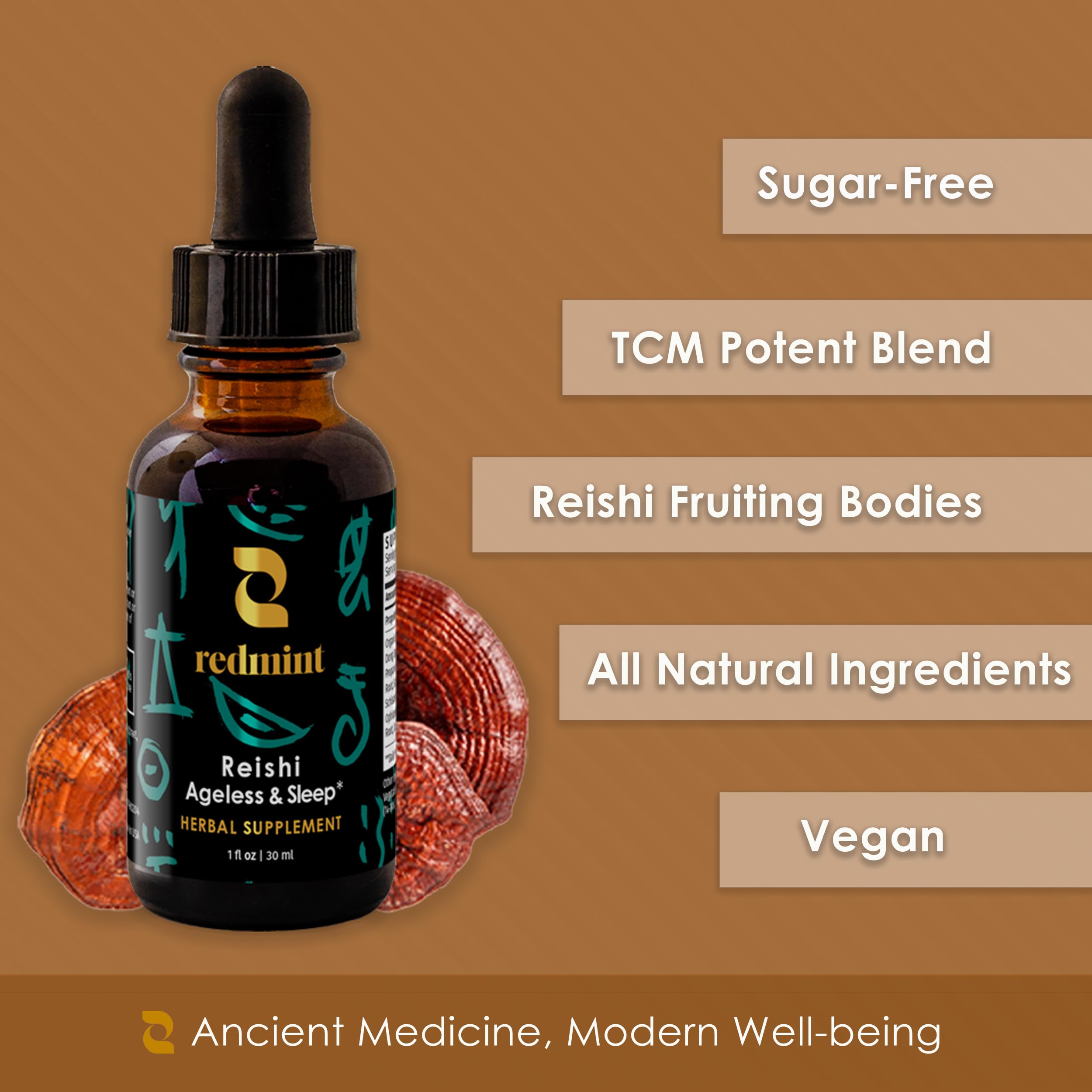 Redmint Reishi Mushroom Tincture with a glass of water and herbs