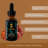 Redmint Reishi Mushroom Tincture with a glass of water and herbs
