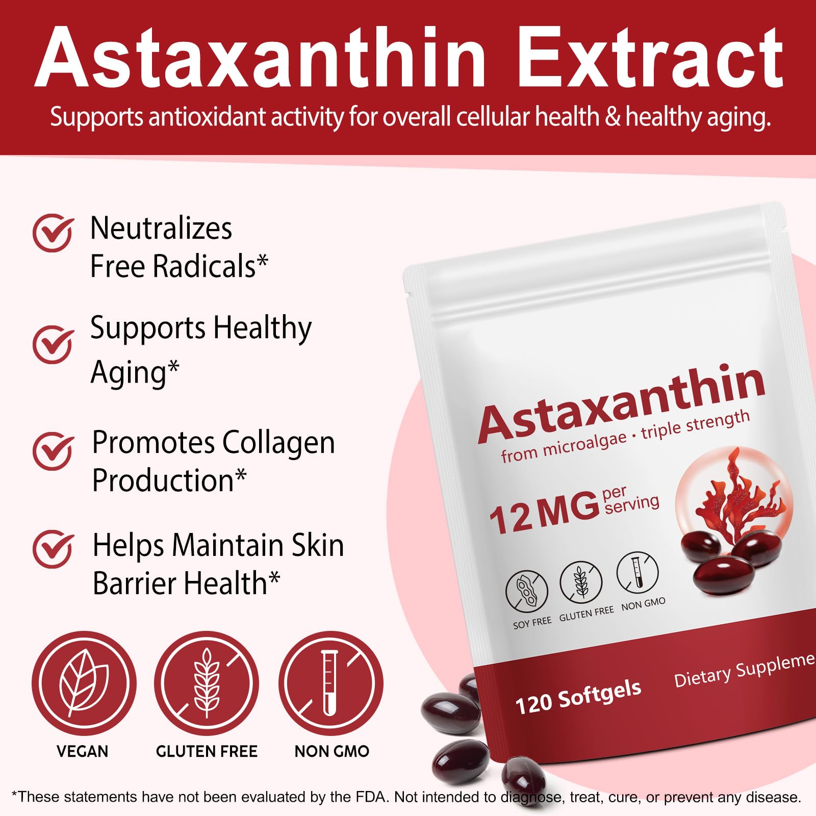 Redshine Astaxanthin Softgels 12mg bottle with softgels