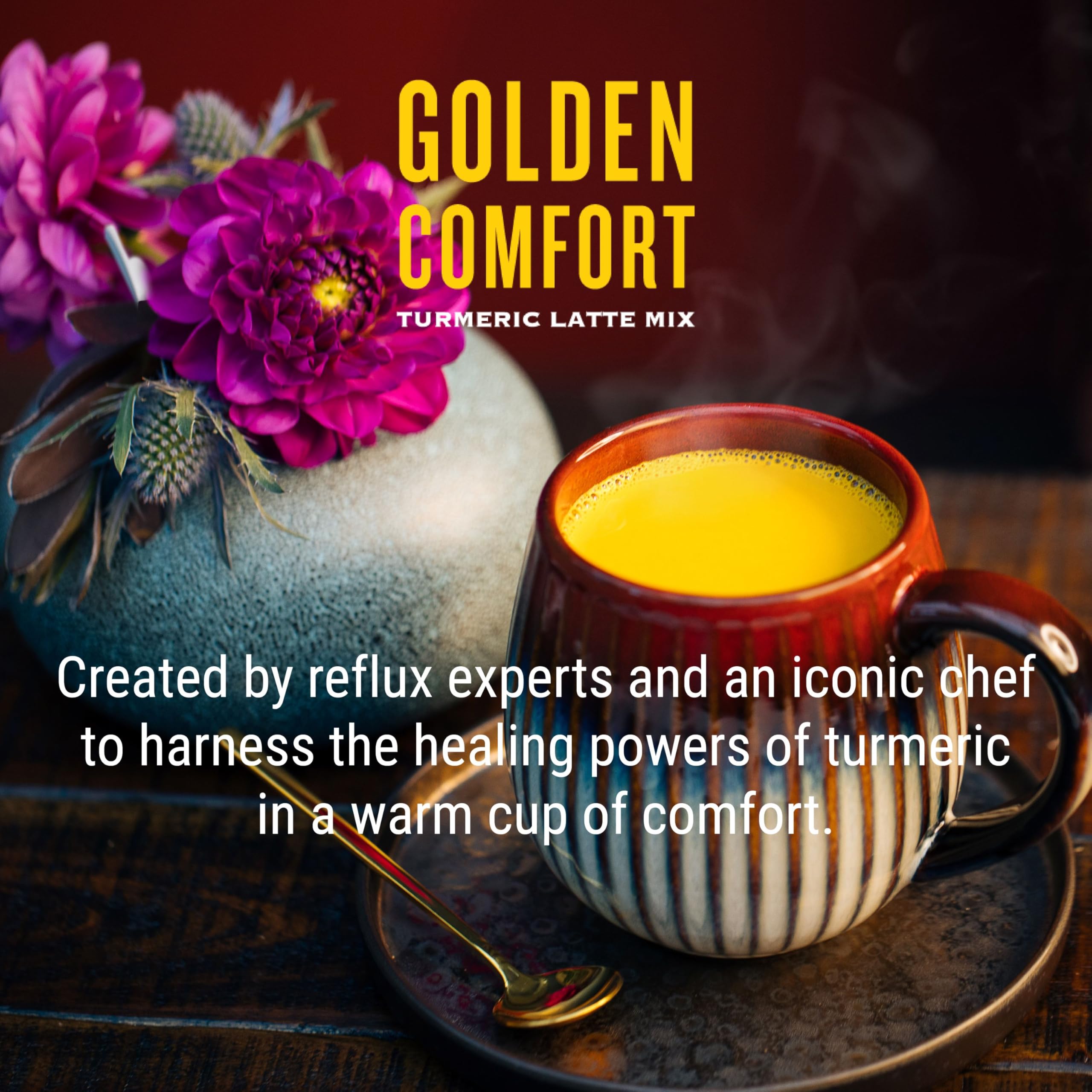 REFLUX GOURMET Golden Comfort turmeric latte mix served in a cup