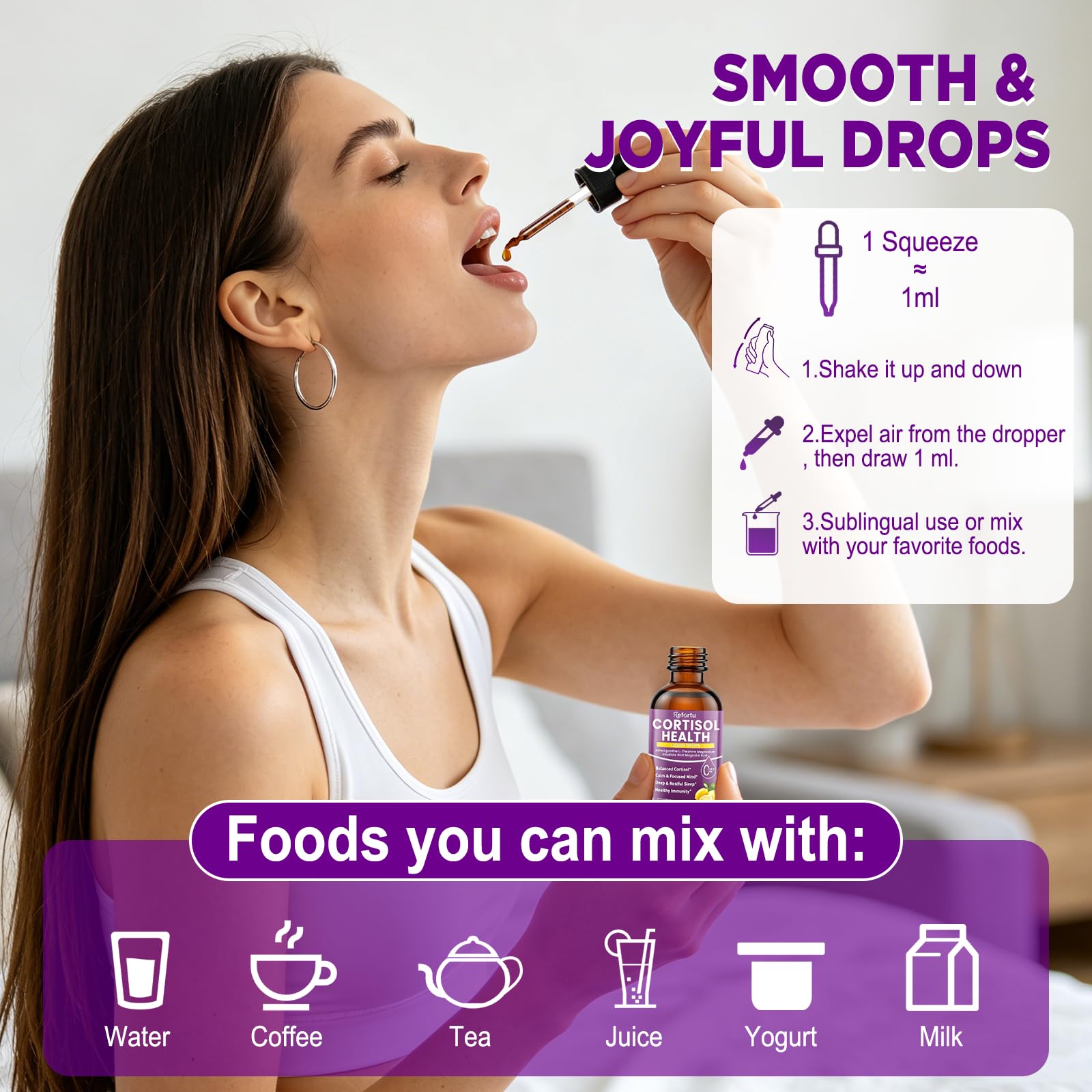 Refortu Cortisol Health Liquid Drops 2 FL Oz on a kitchen counter
