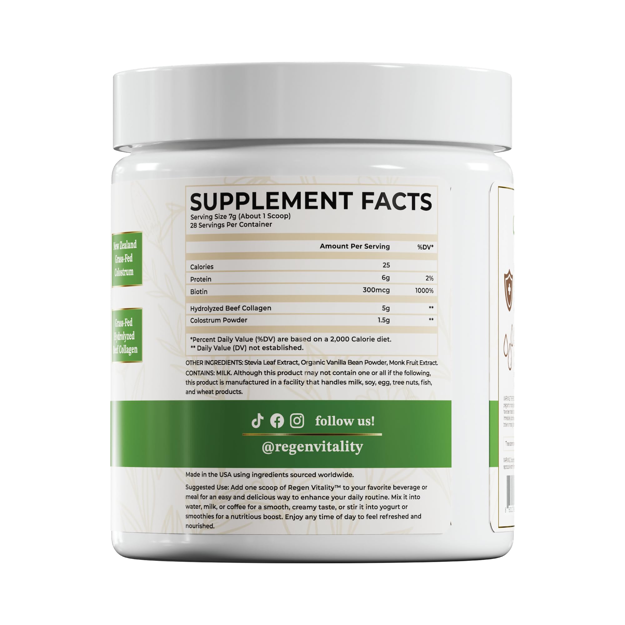 Regen Vitality Collagen Powder nutritional information on packaging