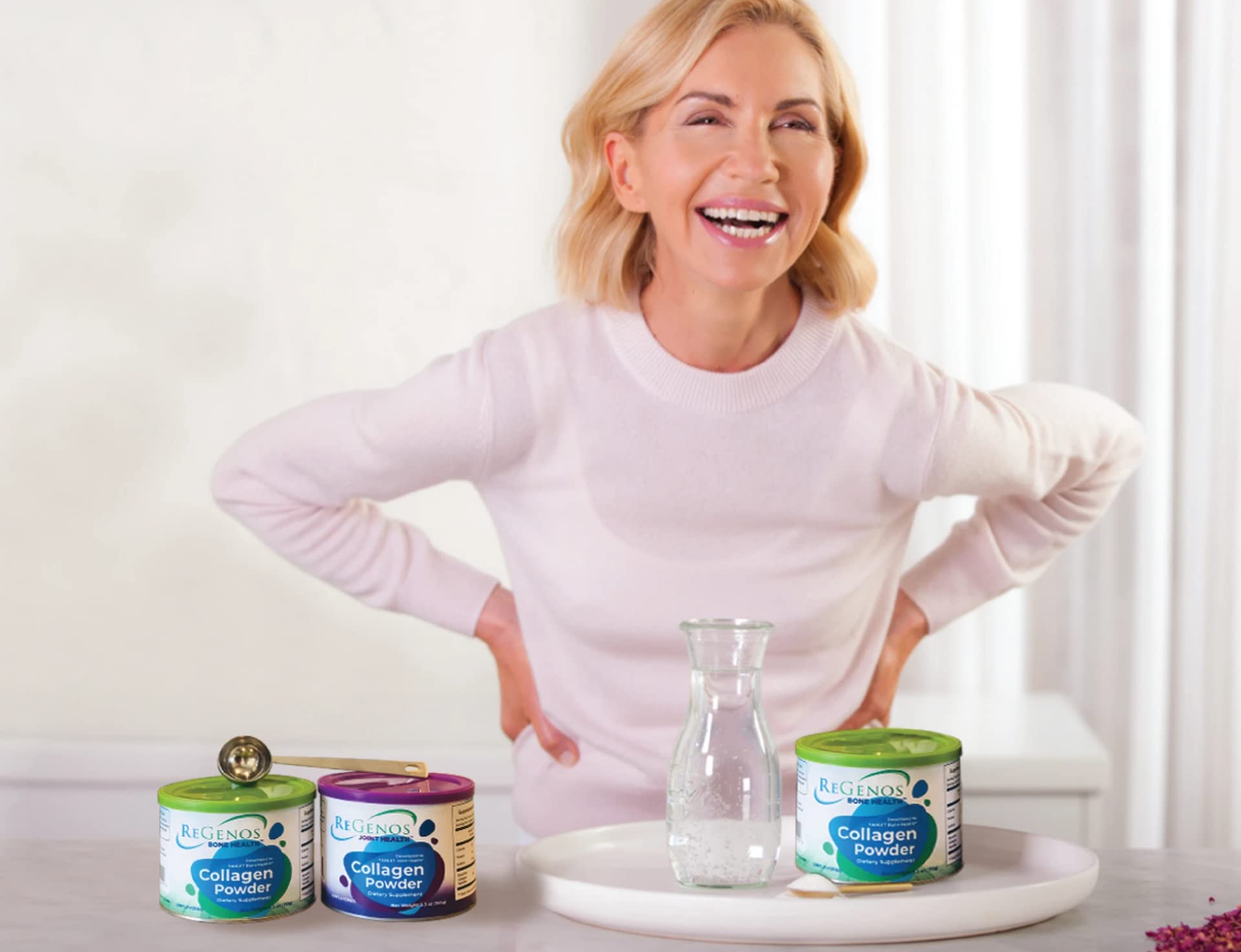 ReGenos Bone Health Collagen Supplement 150g on a kitchen counter