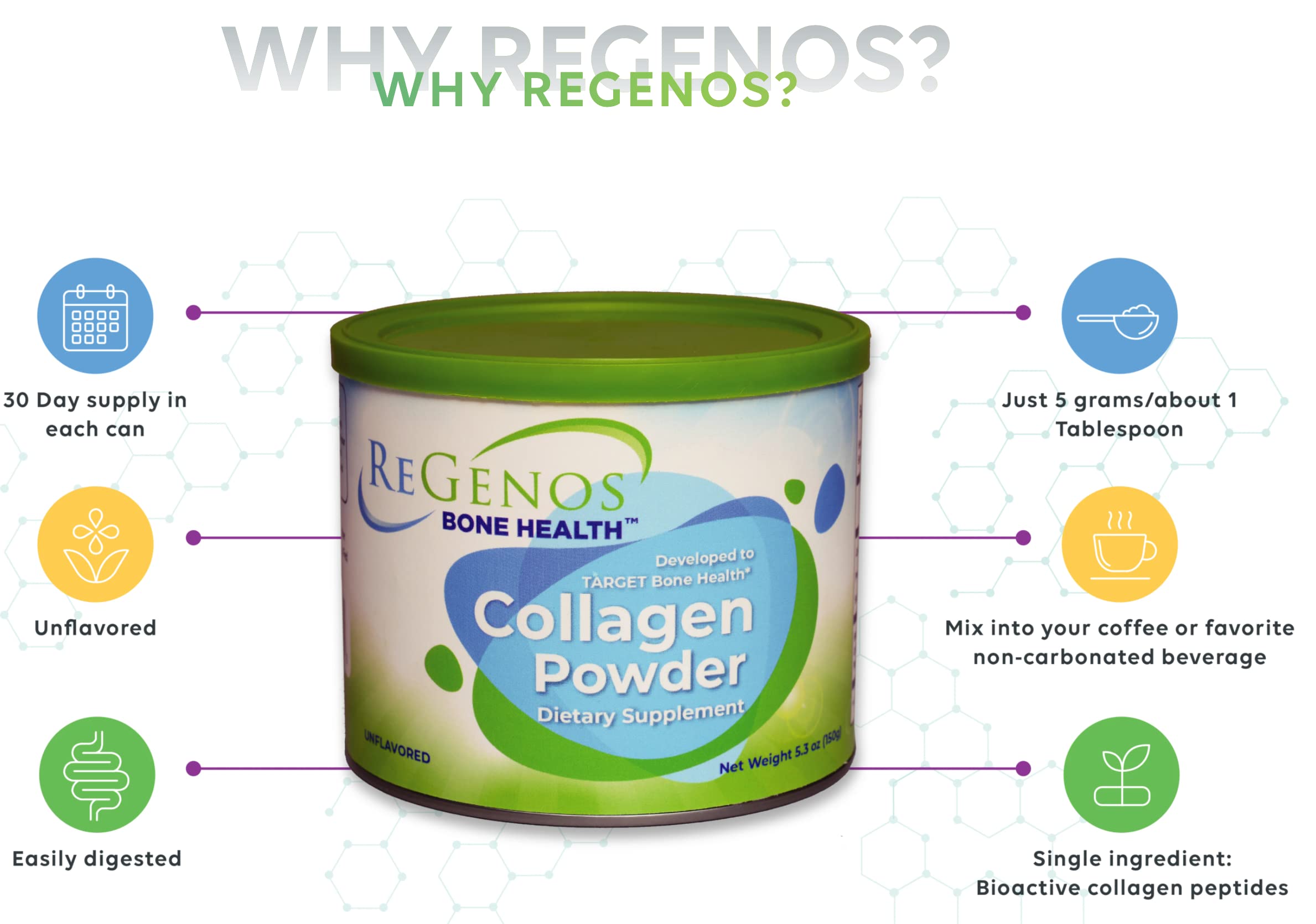 ReGenos Bone Health Collagen Supplement 150g with a measuring spoon