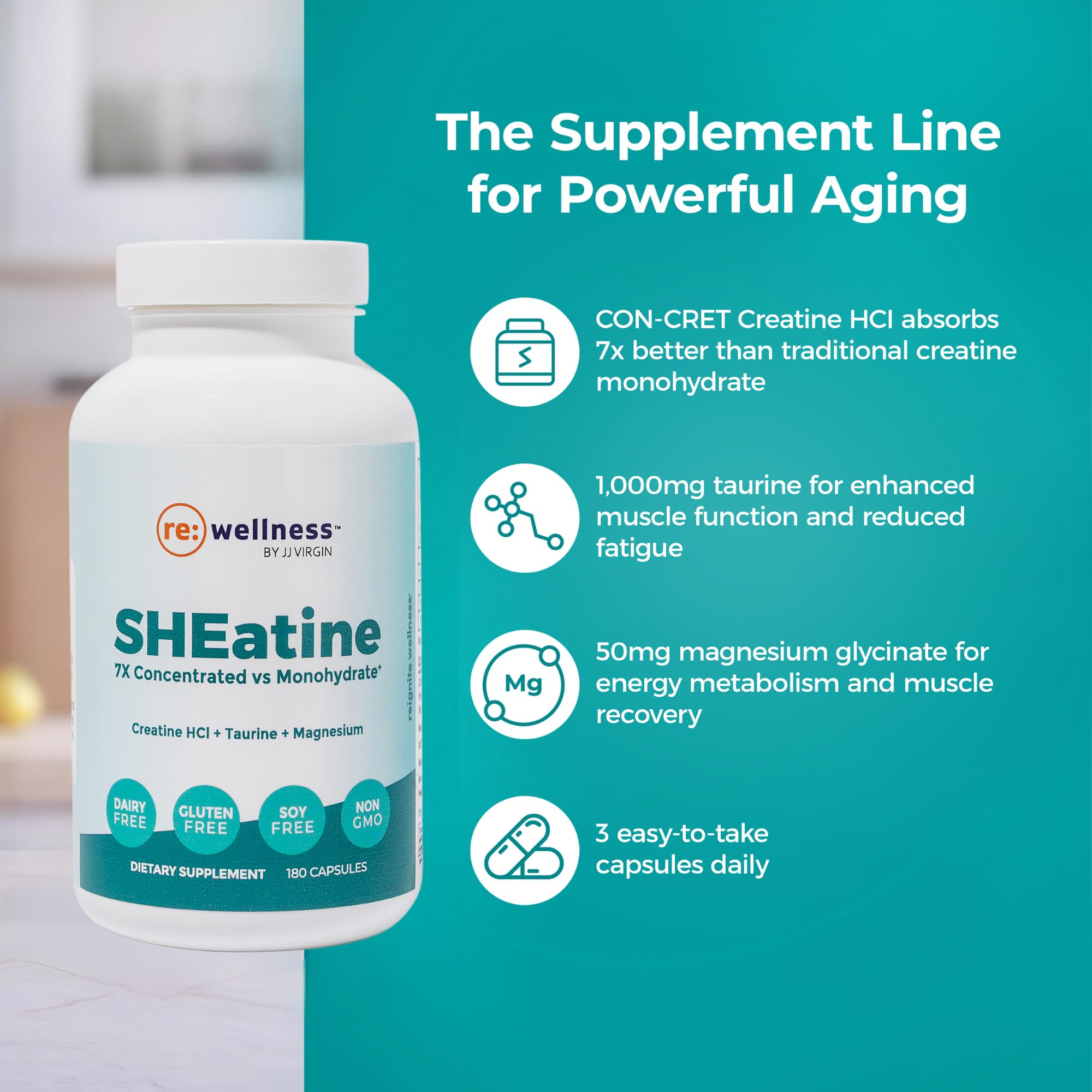 Reignite Wellness SHEatine Creatine HCl capsules on a table