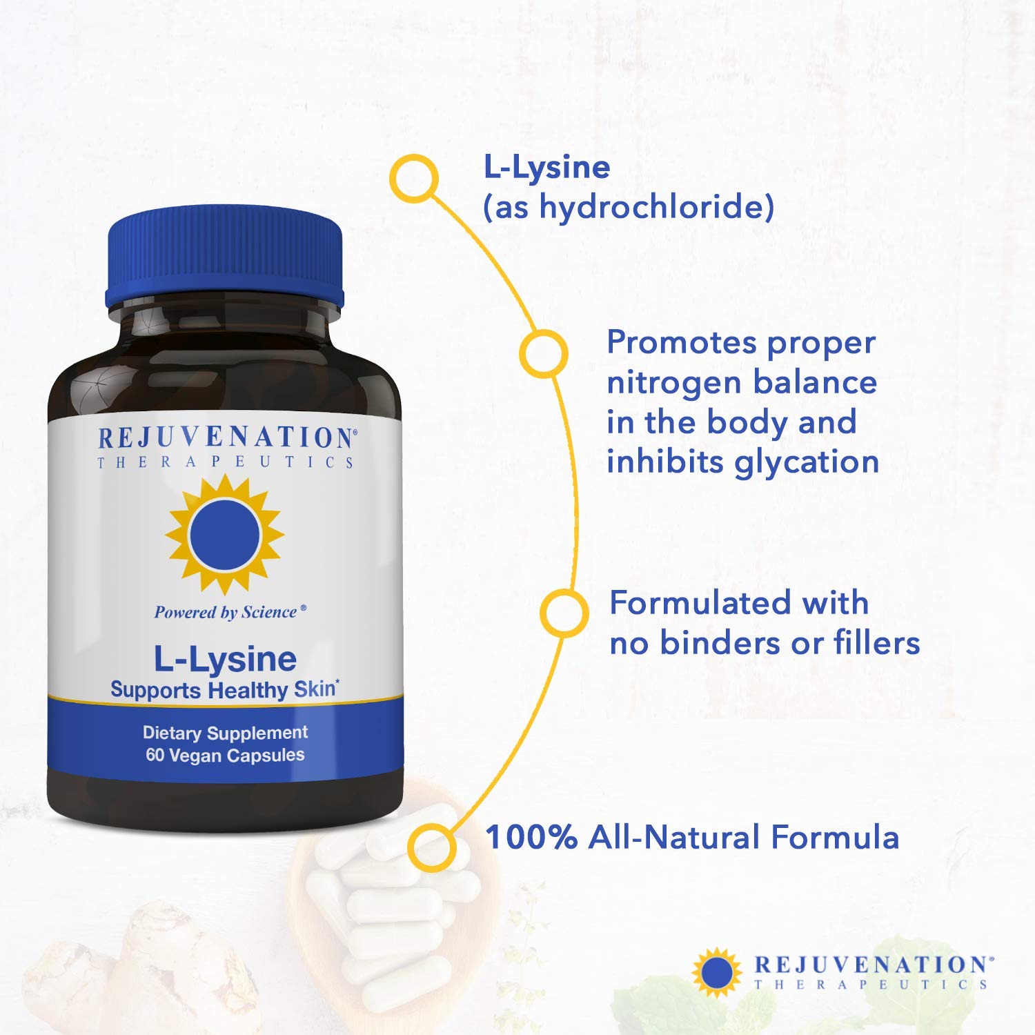 Rejuvenation Therapeutics L-Lysine 500mg capsules on a wooden table