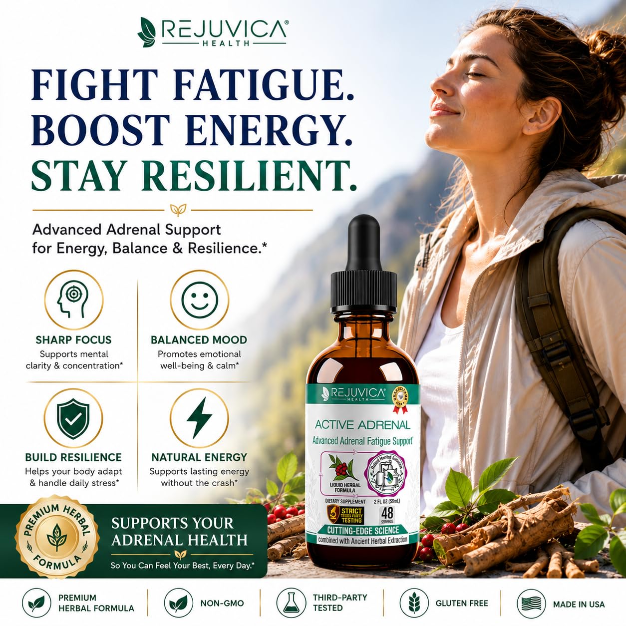 Rejuvica Health Active Adrenal Liquid Supplement dropper close-up