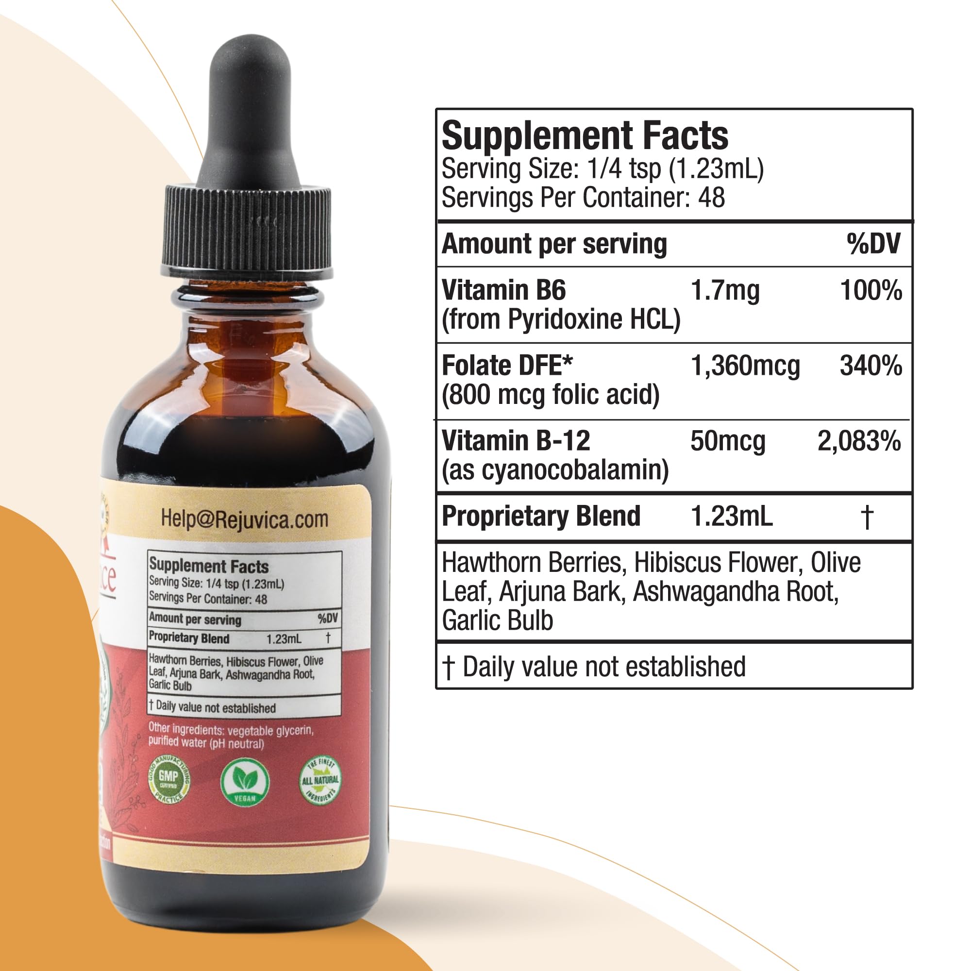 Rejuvica Health CardioVance liquid supplement bottle with measuring spoon