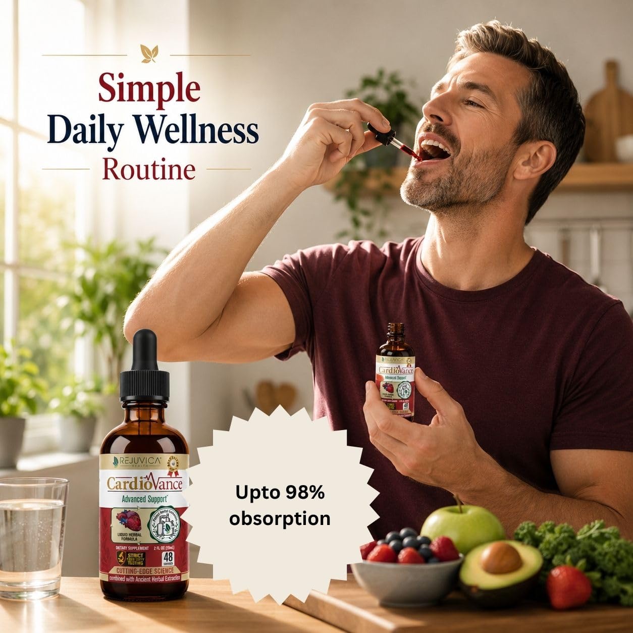 Rejuvica Health CardioVance liquid supplement on a wooden table