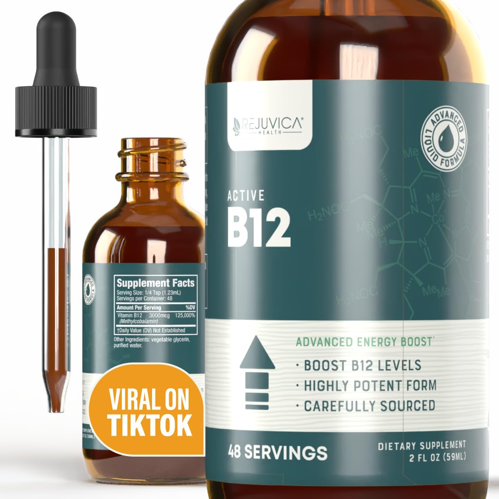 Rejuvica Health Liquid B12 Supplement front view with dropper