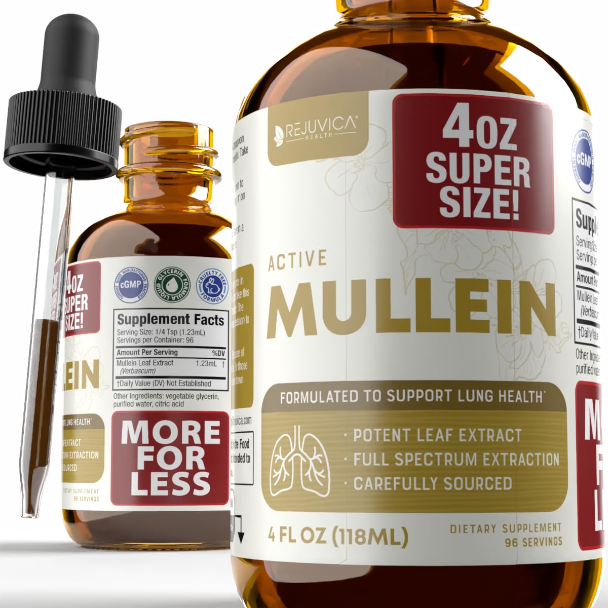 Rejuvica Health Mullein Extract 240g front view with dropper