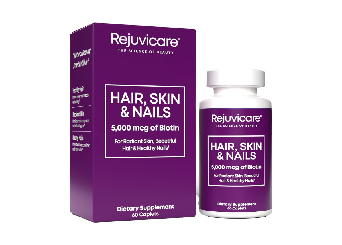 Rejuvicare Hair Skin & Nails Supplement front view with 54g packaging