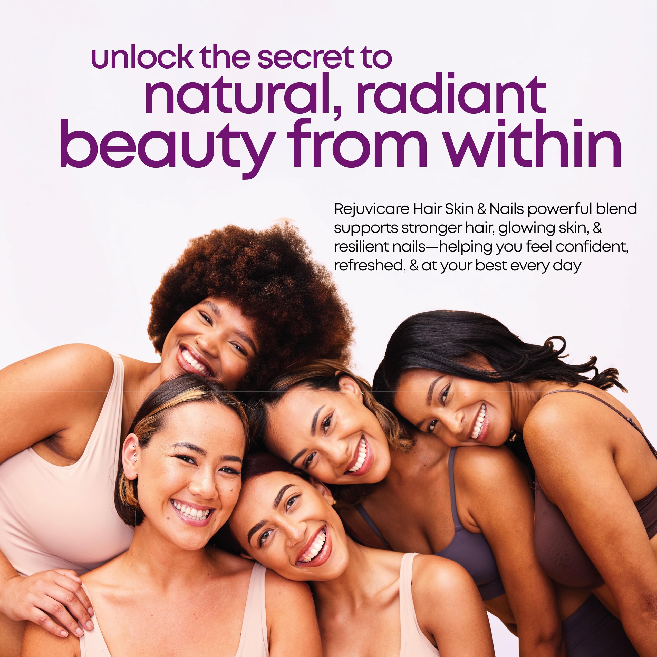 Rejuvicare Hair Skin & Nails Supplement with caplets on a wooden surface