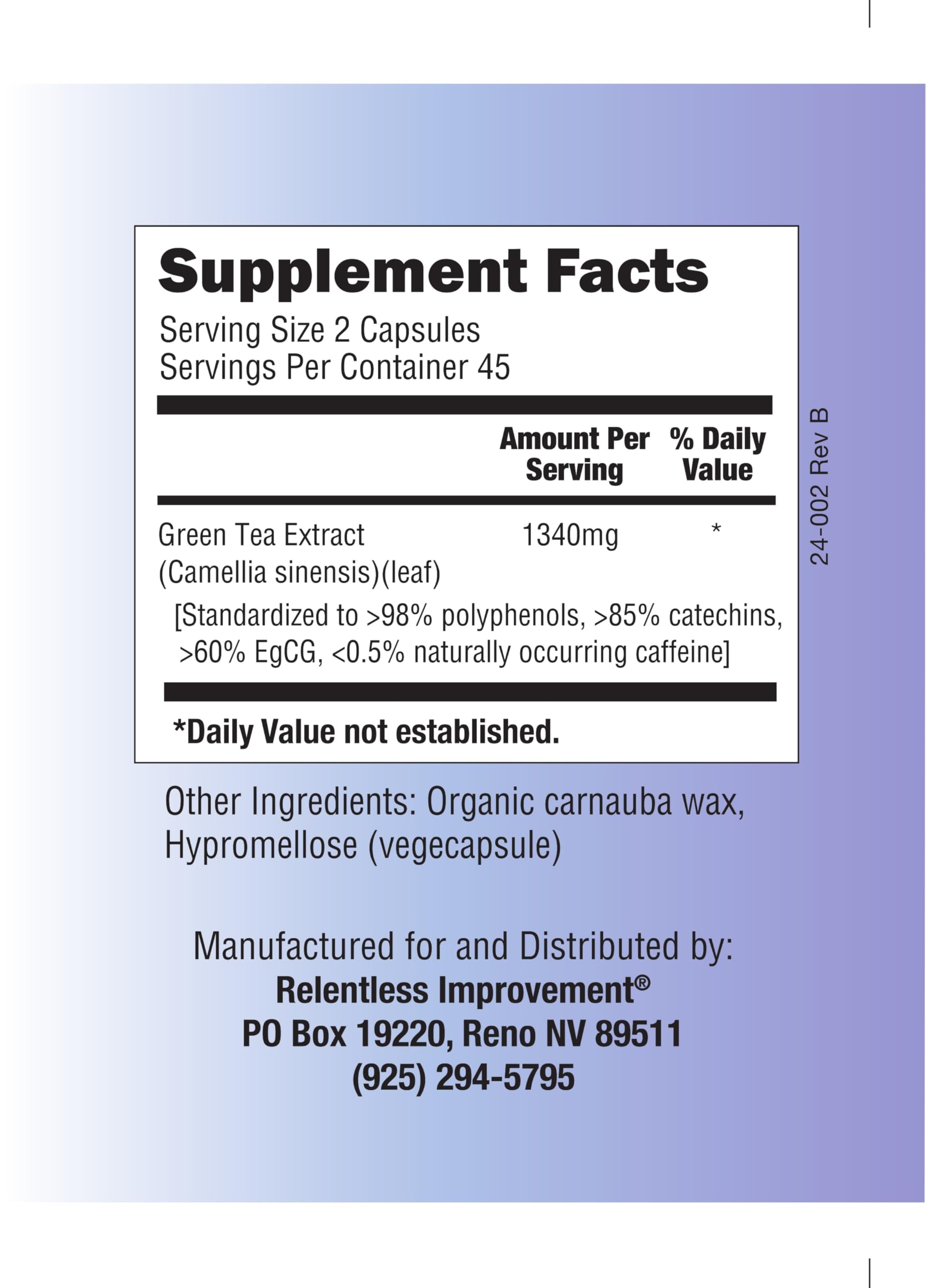 Relentless Improvement EGCG Green Tea Extract 670mg capsules on a table