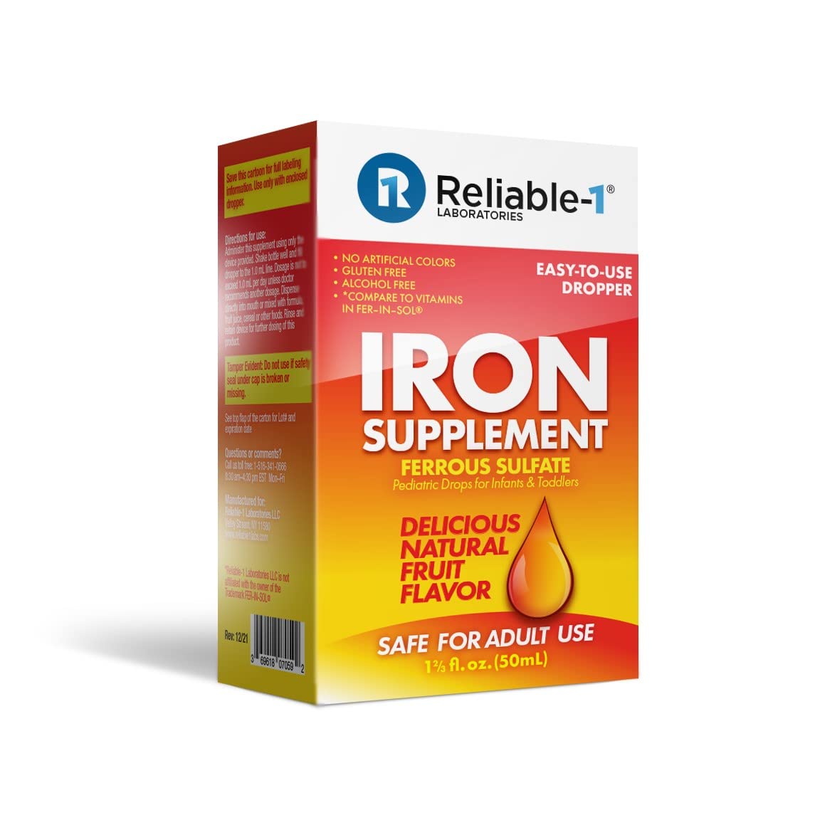 Reliable-1 Laboratories Iron Supplement 15mg packaging side view