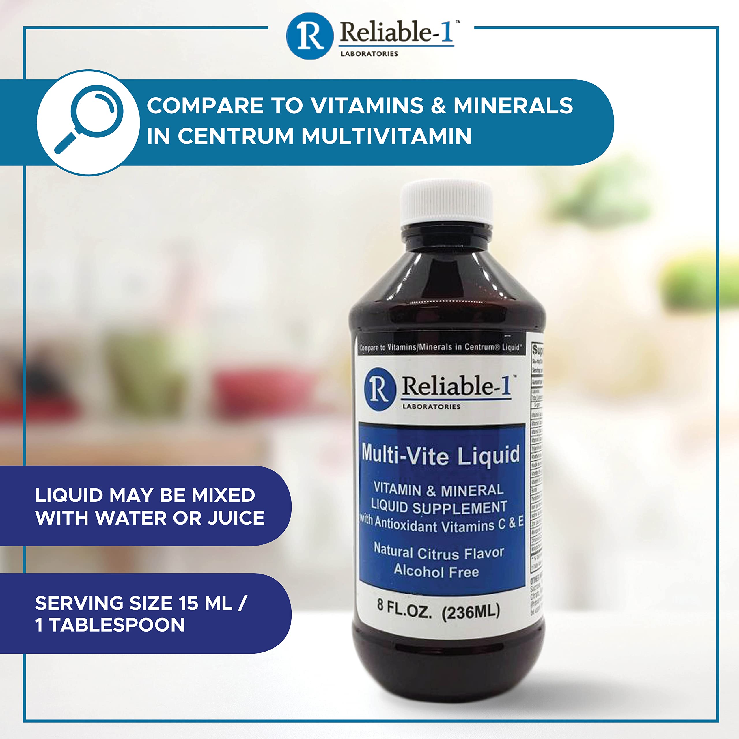 Reliable-1 Laboratories Liquid Multi-Vite displayed with fresh fruits