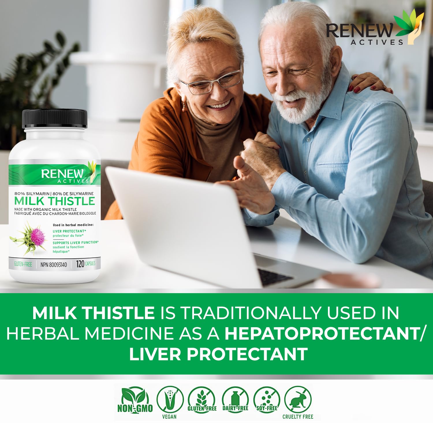 Renew Actives Milk Thistle Capsules 175mg on a wooden table