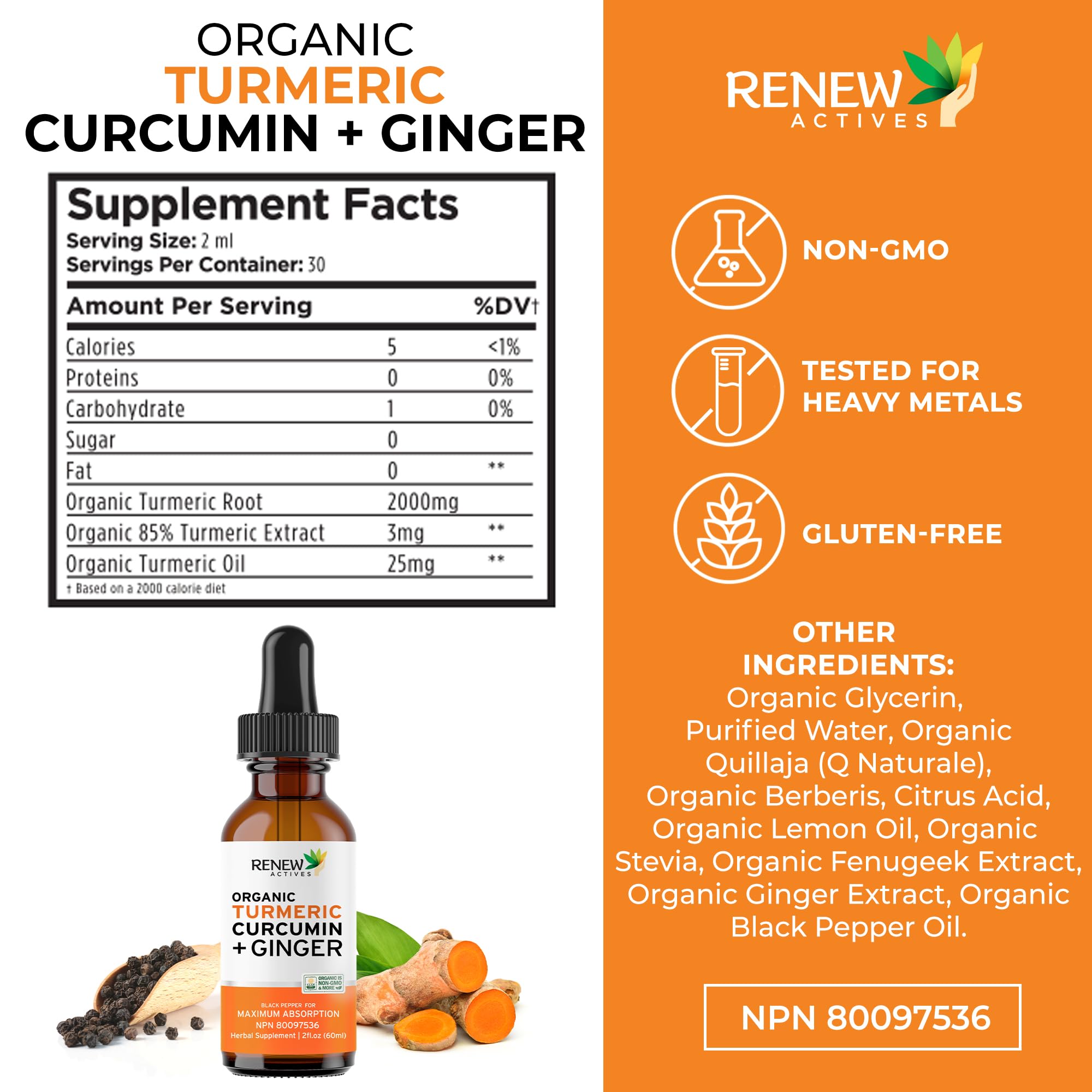 Renew Actives Organic Turmeric Curcumin Drops packaging on a wooden table