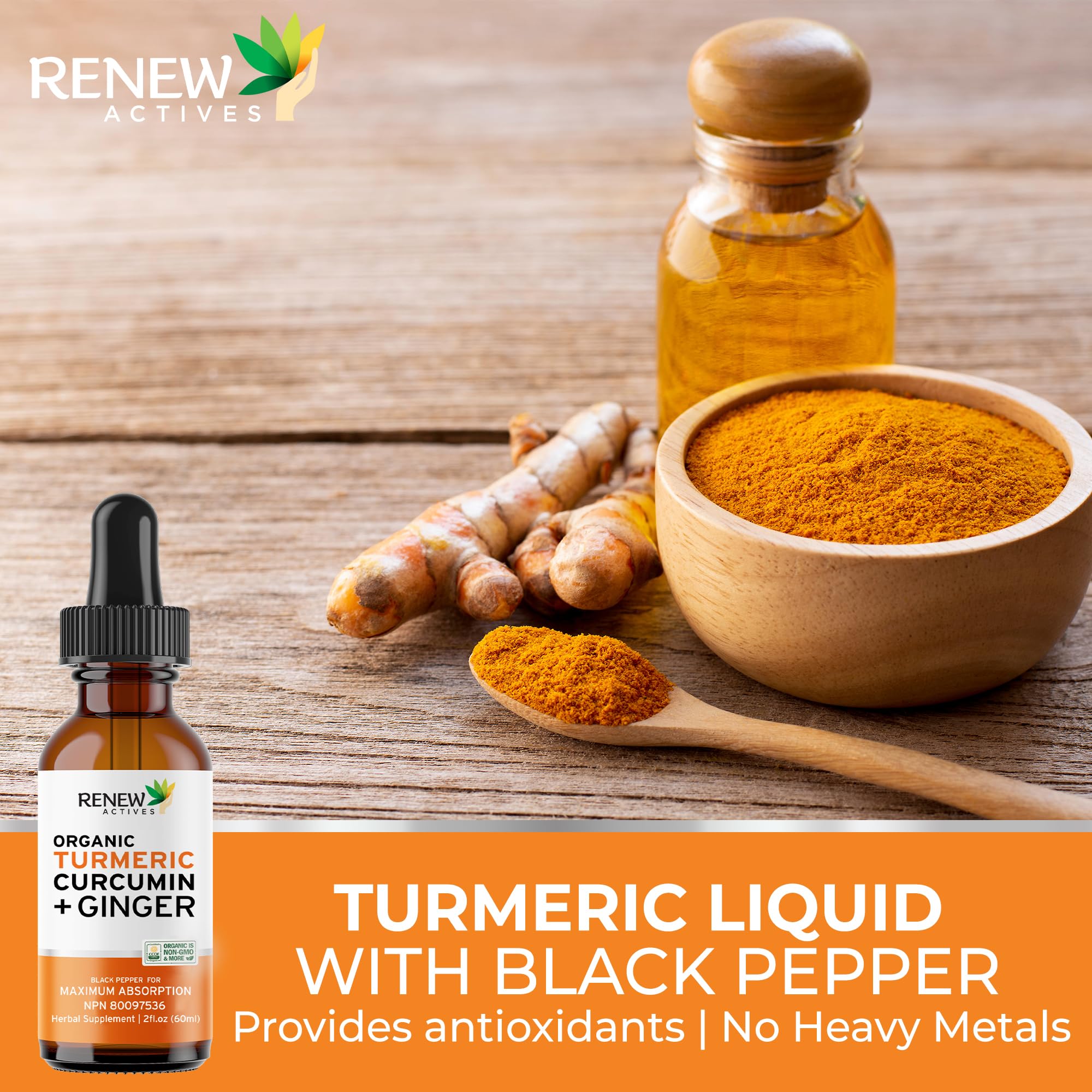 Renew Actives Organic Turmeric Curcumin Drops with fresh ginger and turmeric