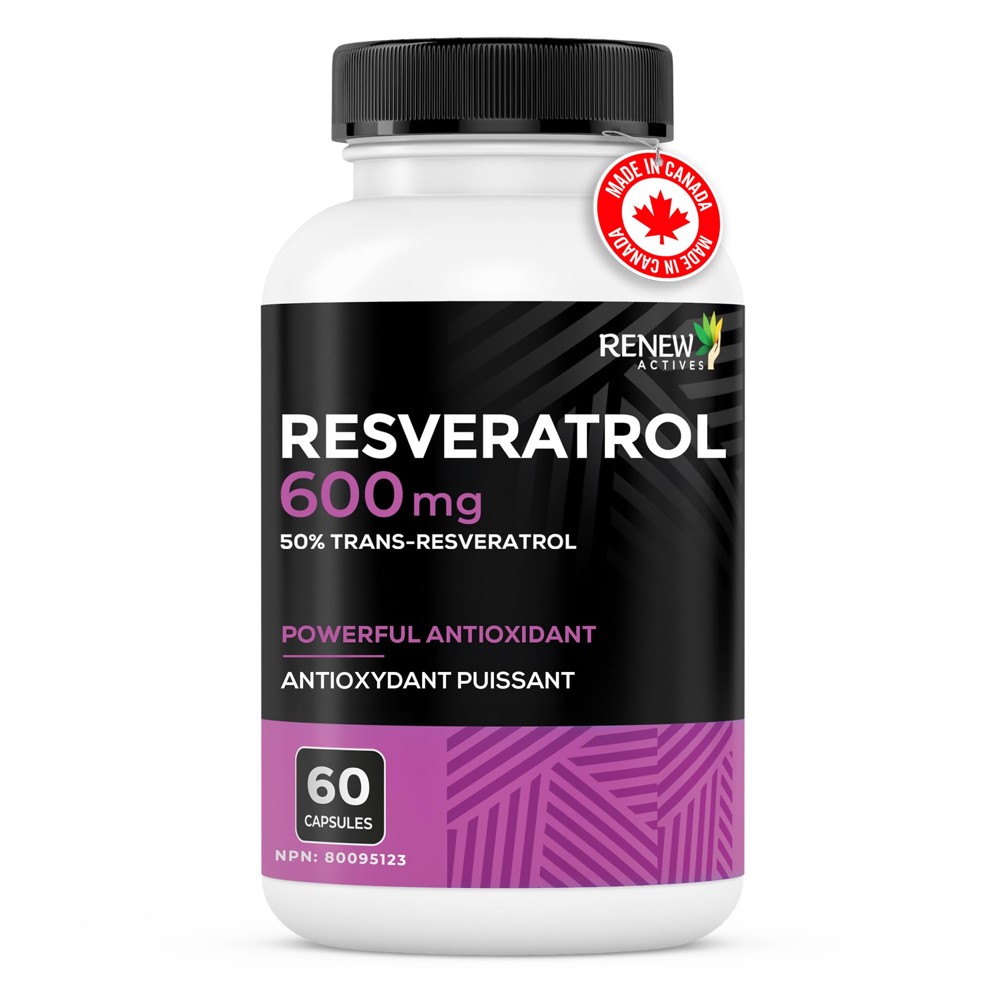 Renew Actives Resveratrol Supplement 600mg capsules packaging details