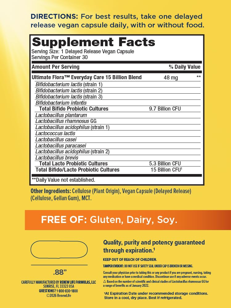 Renew Life Everyday Probiotic Capsules 15 Billion CFU back view with ingredient list