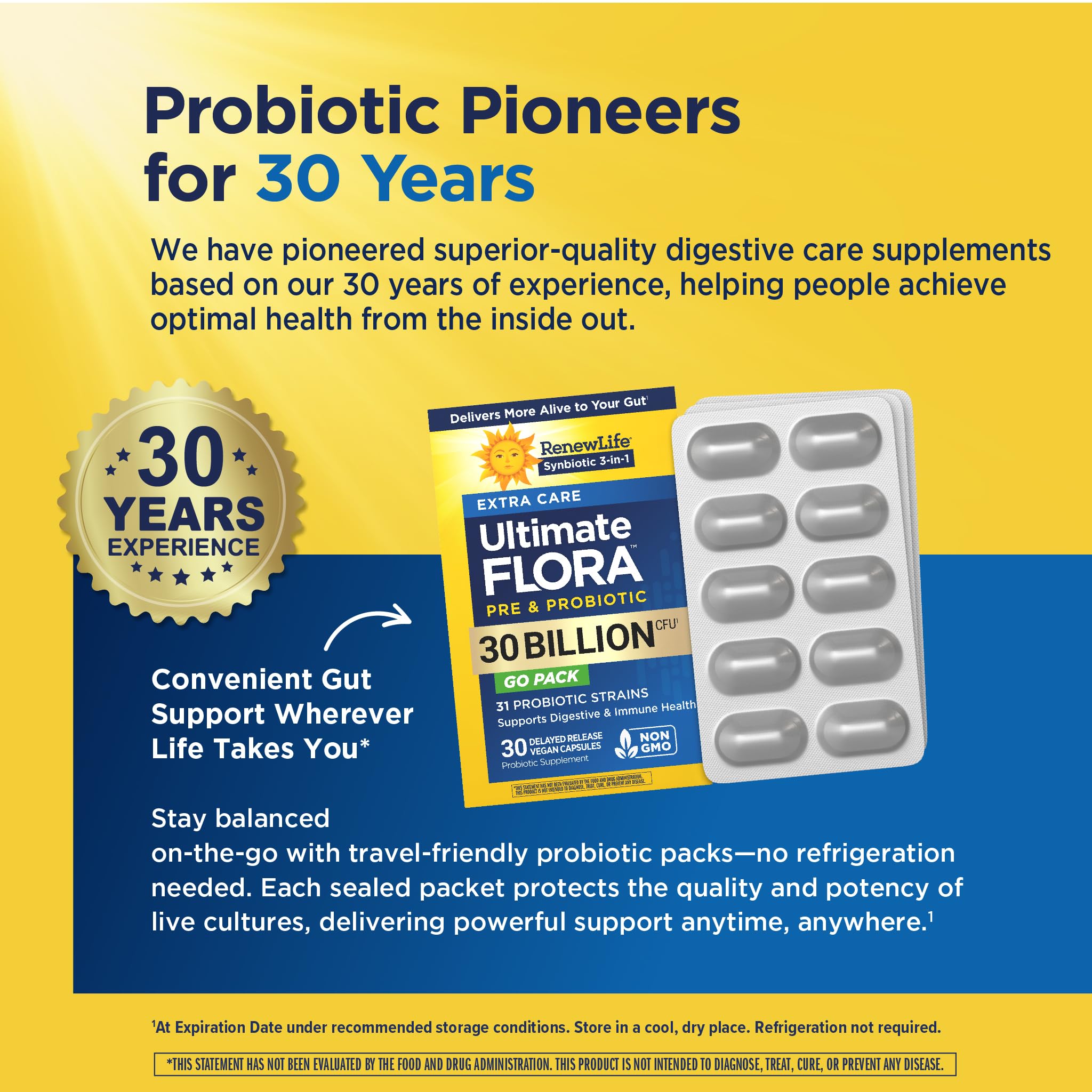 Renew Life Extra Care Probiotic Capsules on a wooden table
