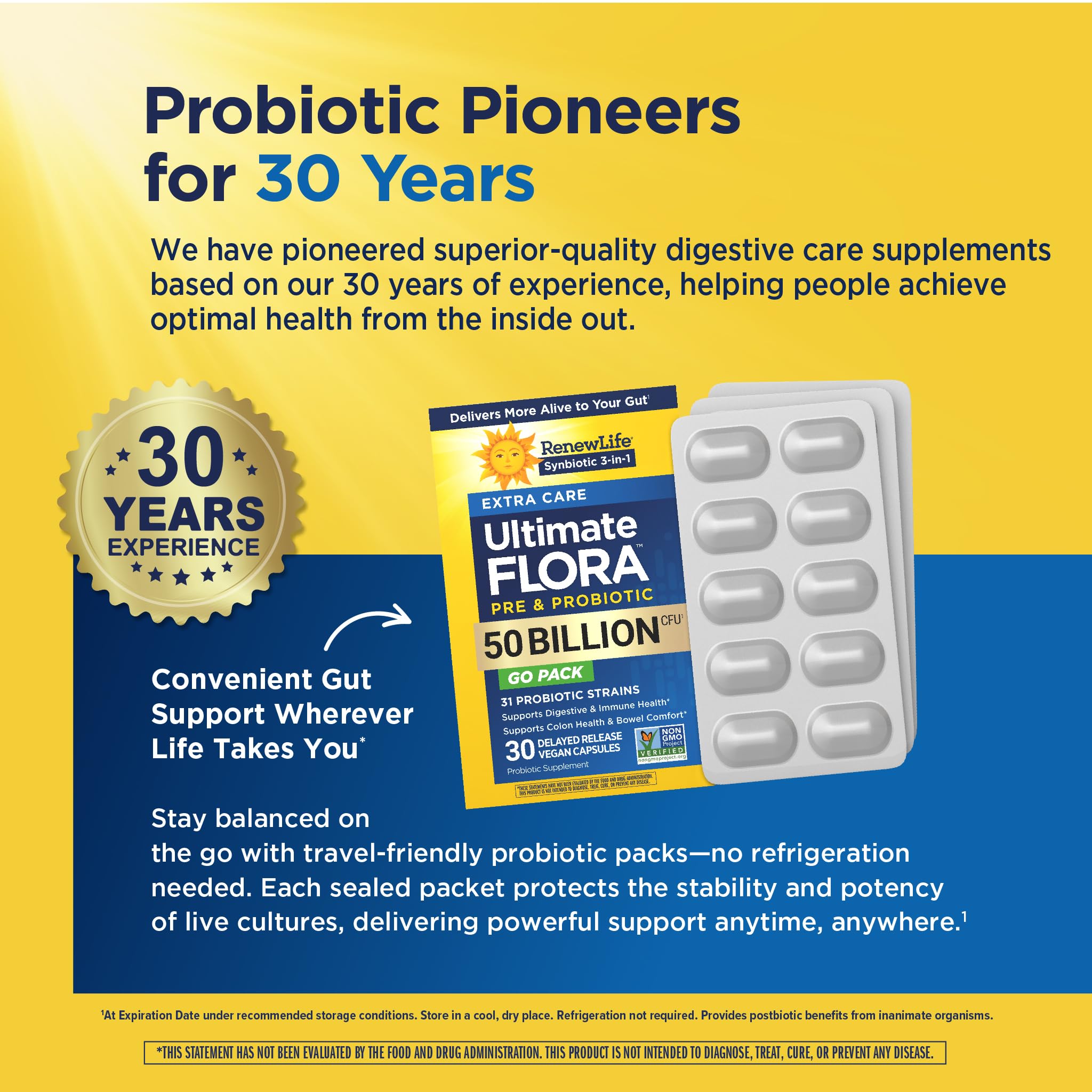 Renew Life Extra Care Probiotic Capsules on a wooden table