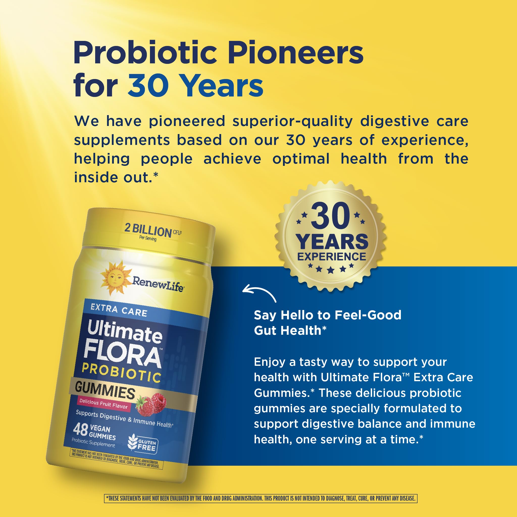 Renew Life Extra Care Probiotic Gummies on a wooden table