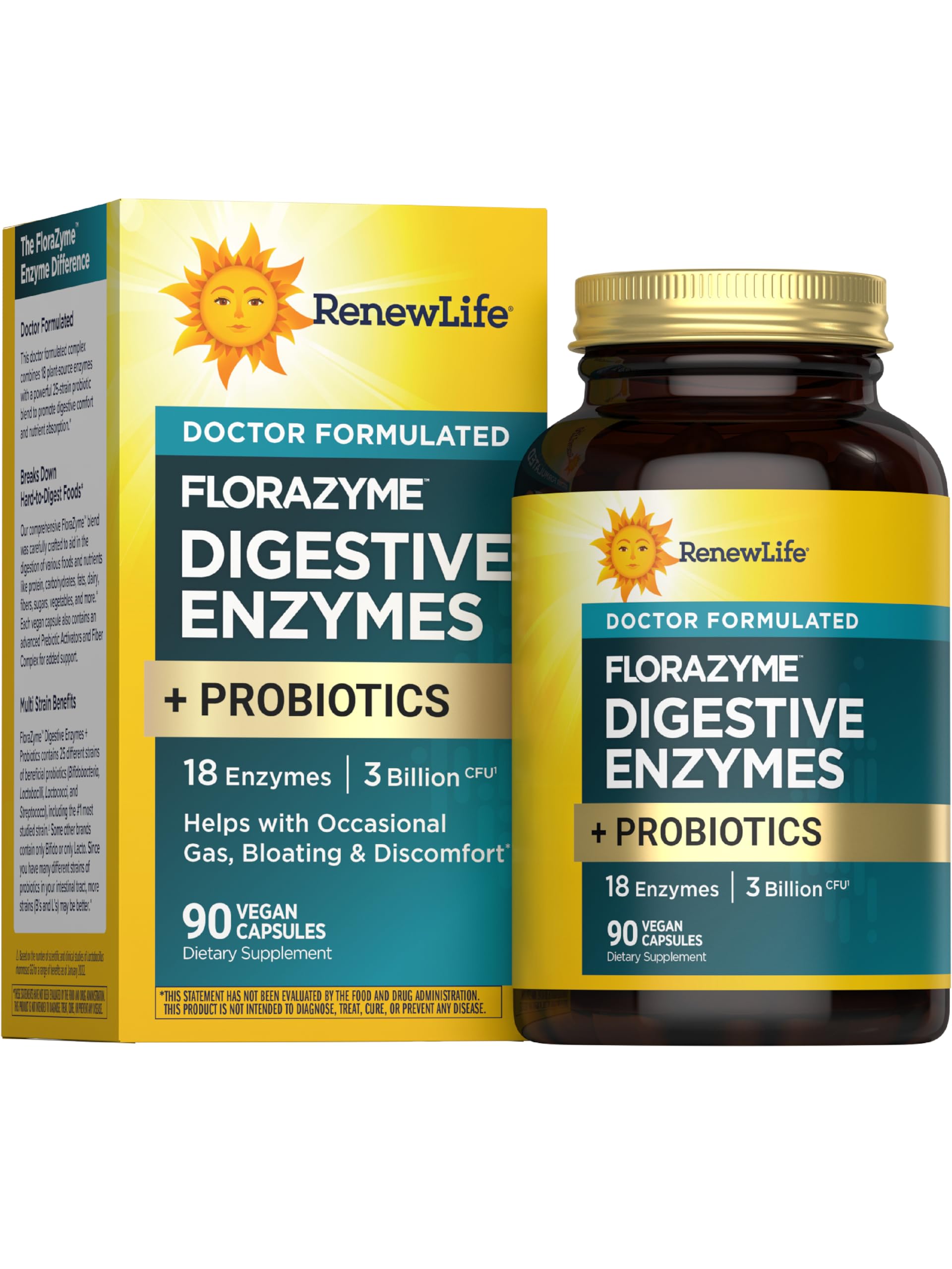Renew Life Florazyme daily Enzymes + Probiotics 30 Vegan Capsules front view