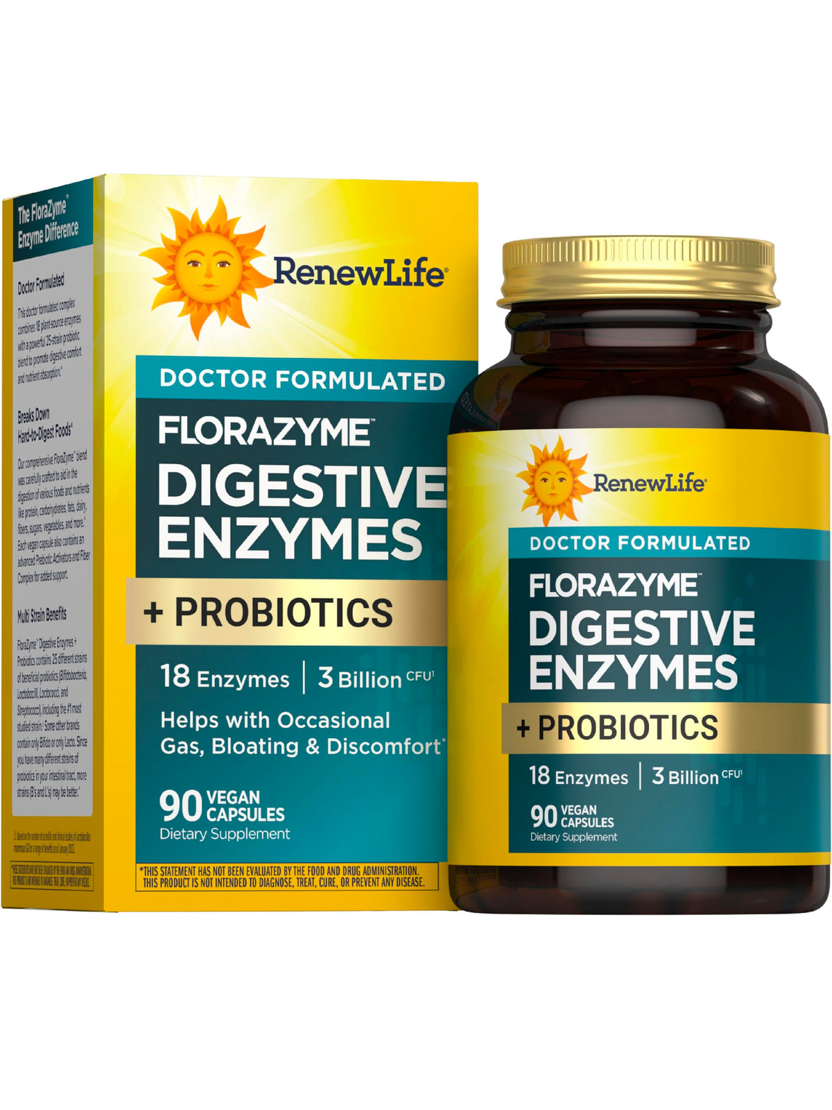 Renew Life Florazyme daily Enzymes + Probiotics 30 Vegan Capsules front view