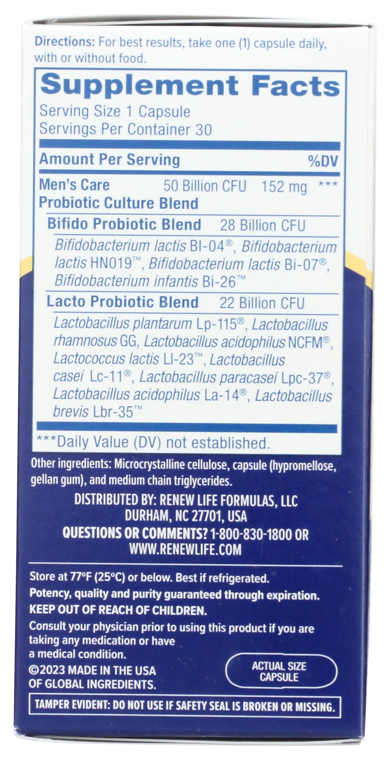 Renew Life Men's Care Probiotic 50B opened bottle showing capsules
