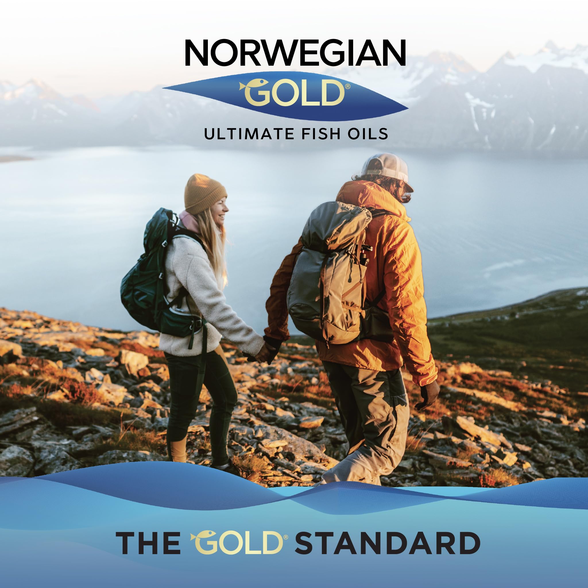 Renew Life Norwegian Gold Critical Omega Softgels in a lifestyle setting with a glass of water