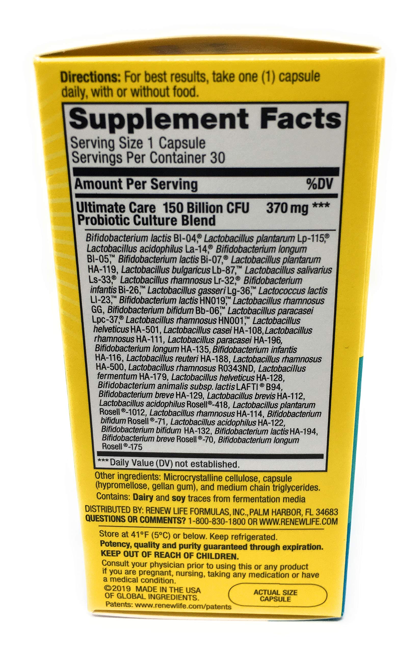 Renew Life Probiotic Supplement back view with ingredient list