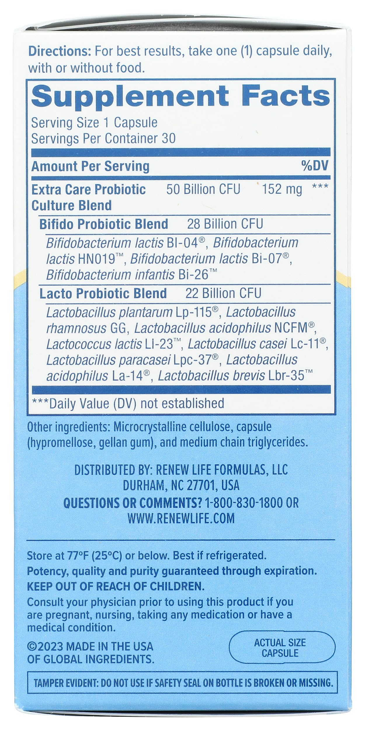 Renew Life Probiotic Supplement showing dosage instructions