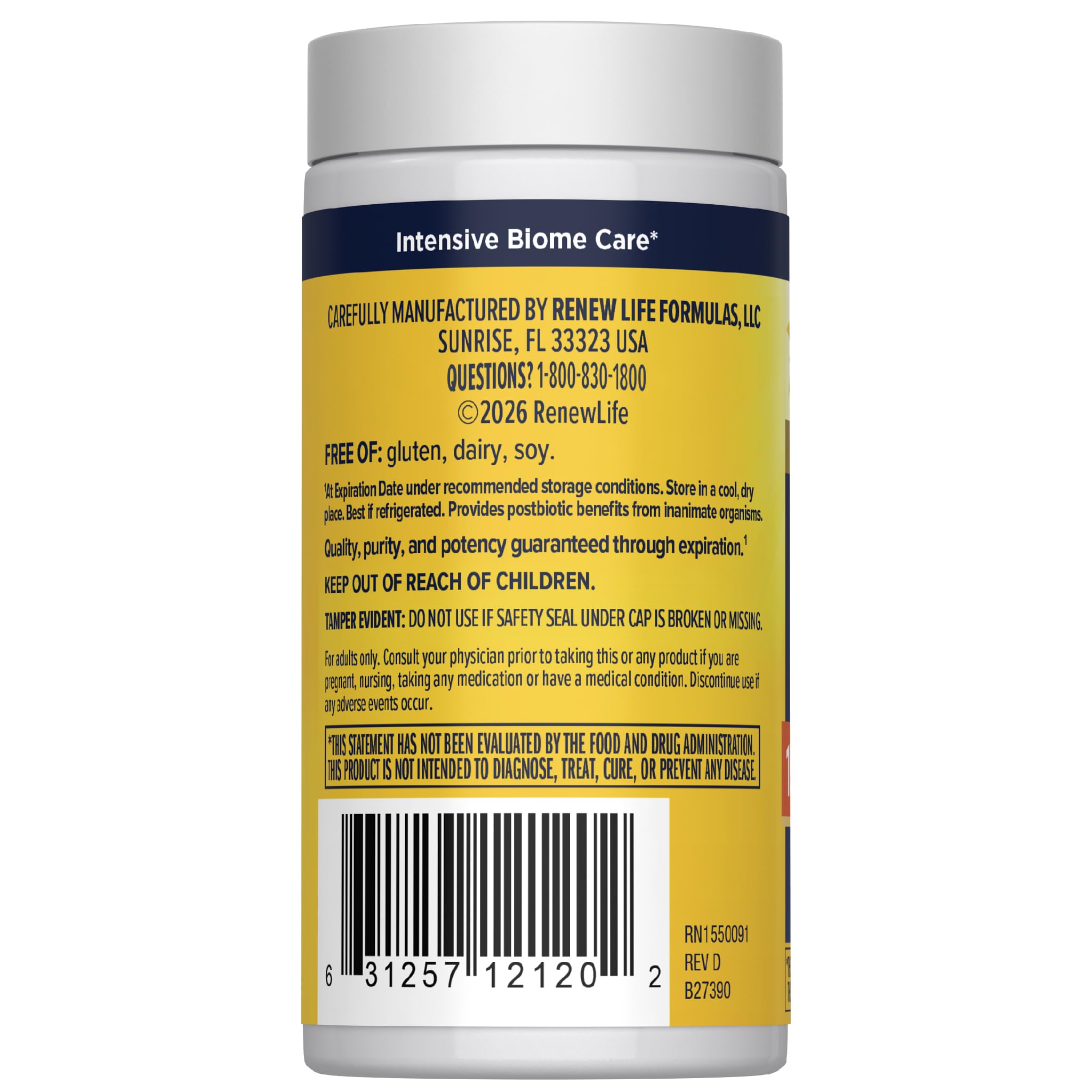 Renew Life Ultimate Care Probiotic back view with ingredient list