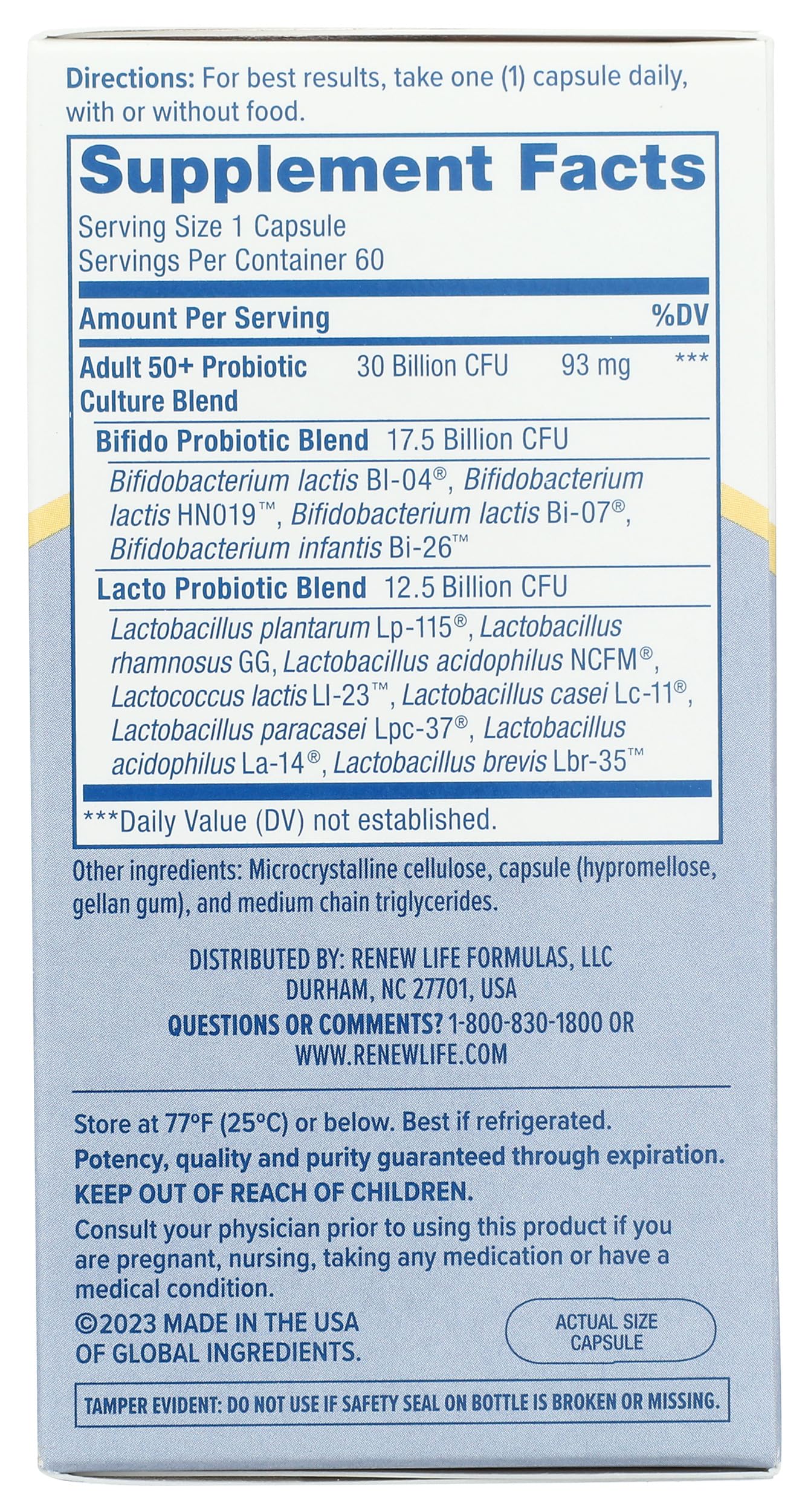 Renew Life Ultimate Flora Adult 50+ Probiotic 30 Billion 60 CT product label