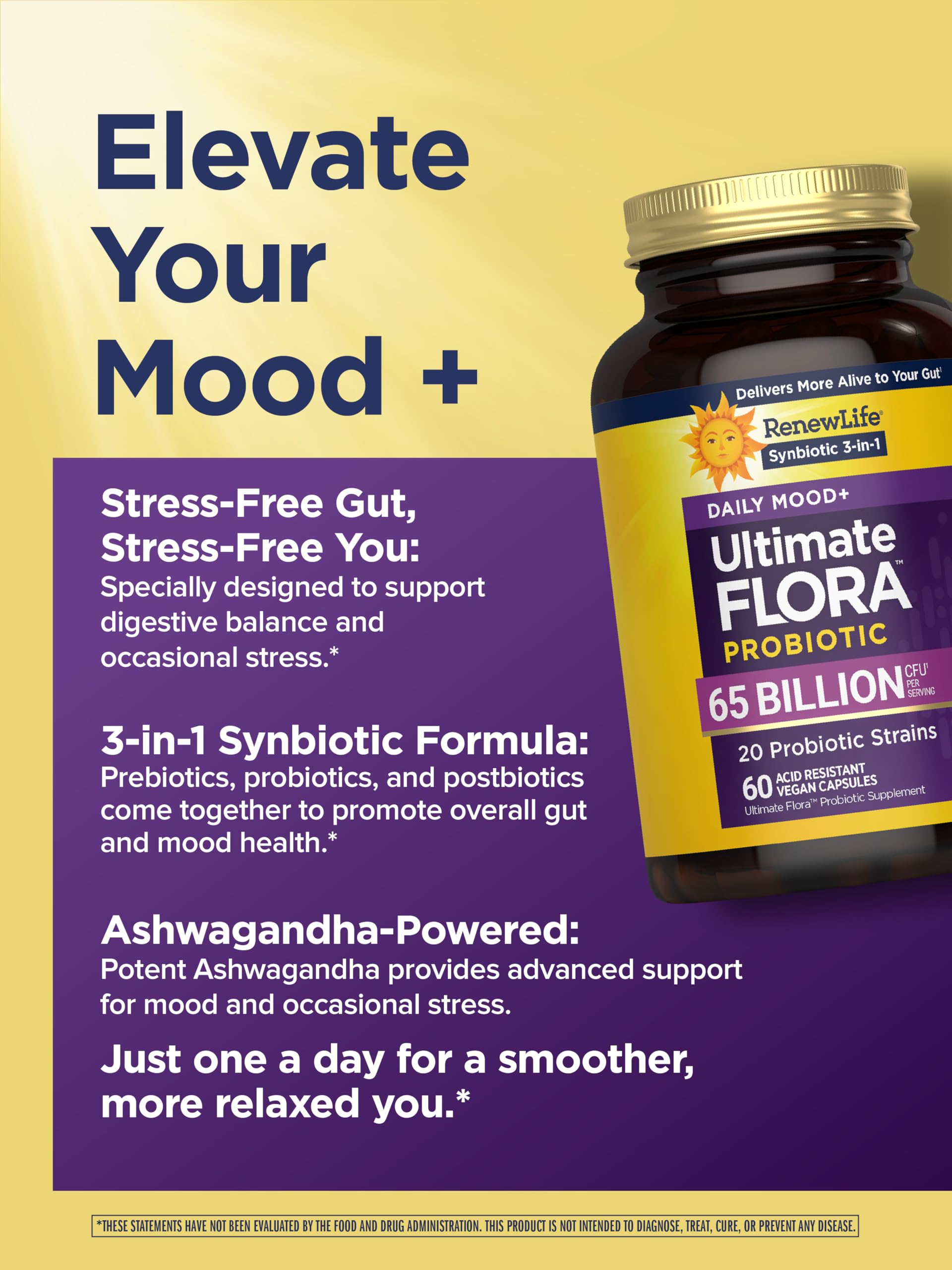 Renew Life Ultimate Flora Daily Mood Probiotic 65 Billion CFU capsules close-up