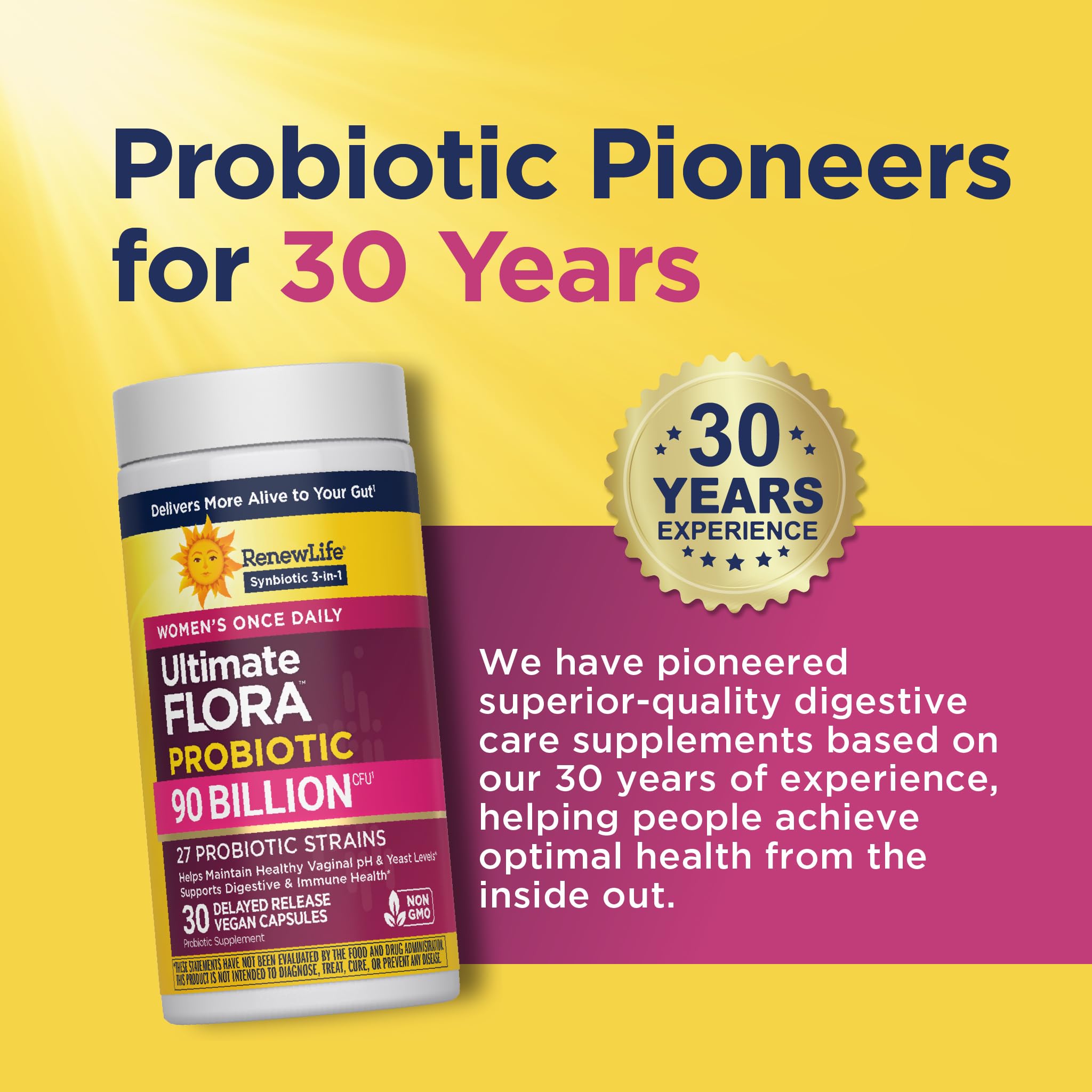 Renew Life Ultimate Flora Women’s Daily Probiotic 90 Billion CFU on a wooden table