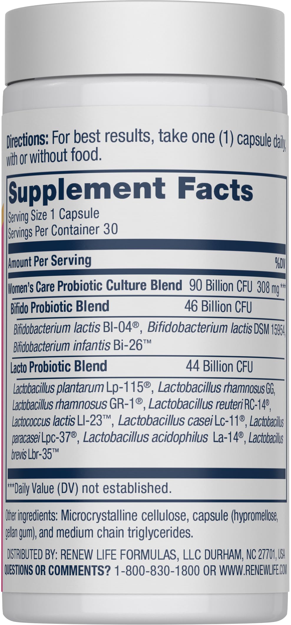Renew Life Women's Care Probiotic Capsules 90 Billion CFU bottle side view