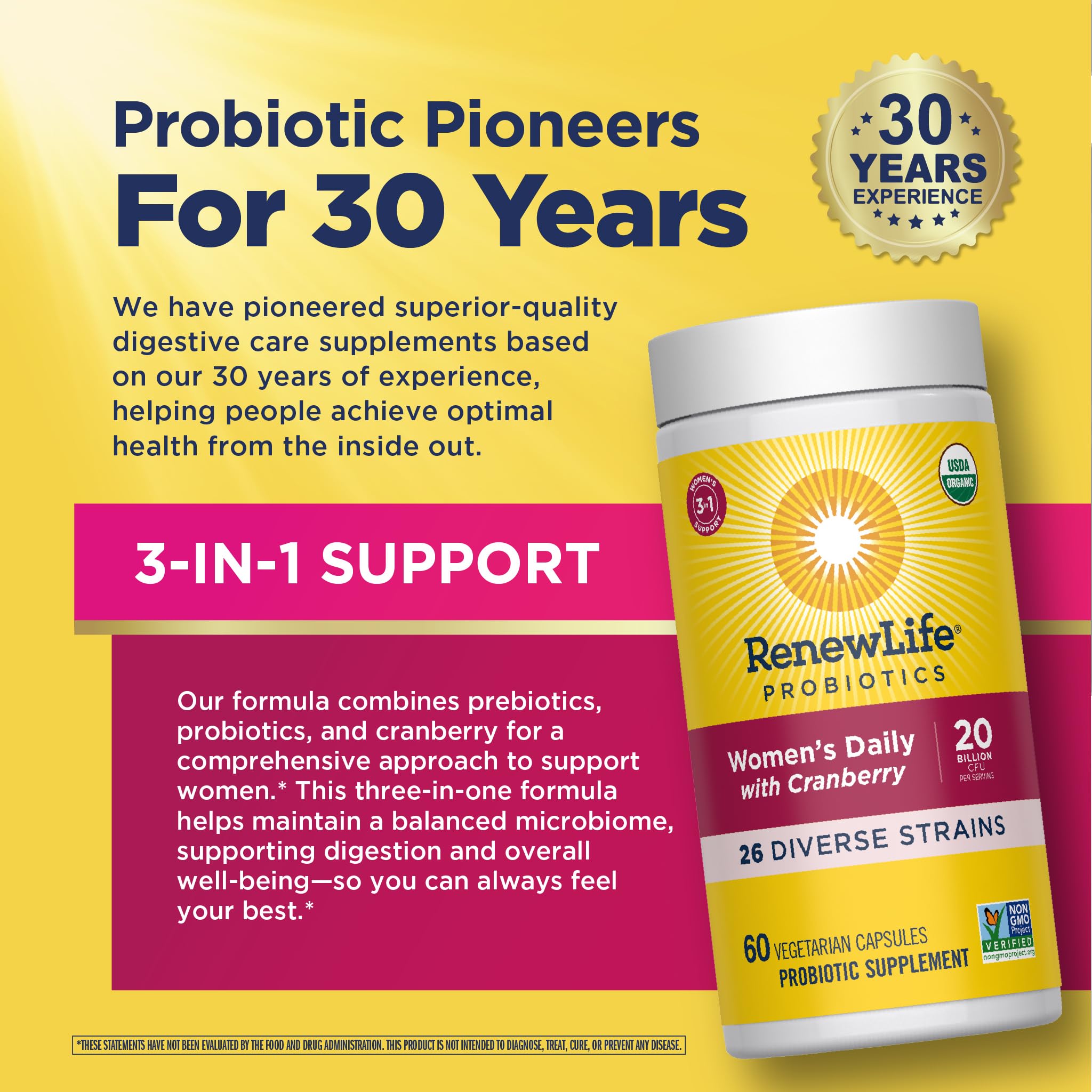 Renew Life Women's Daily Probiotic + Prebiotics 60 CT on a kitchen counter