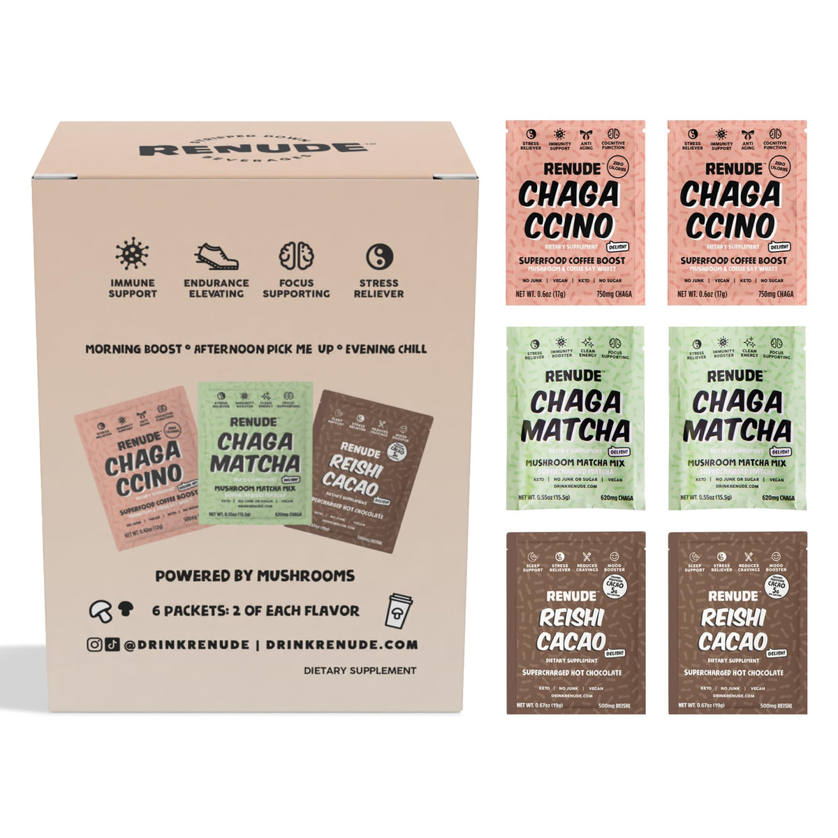 Renude Mushroom Variety Pack front view with Chaggaccino, Matcha, and Cacao